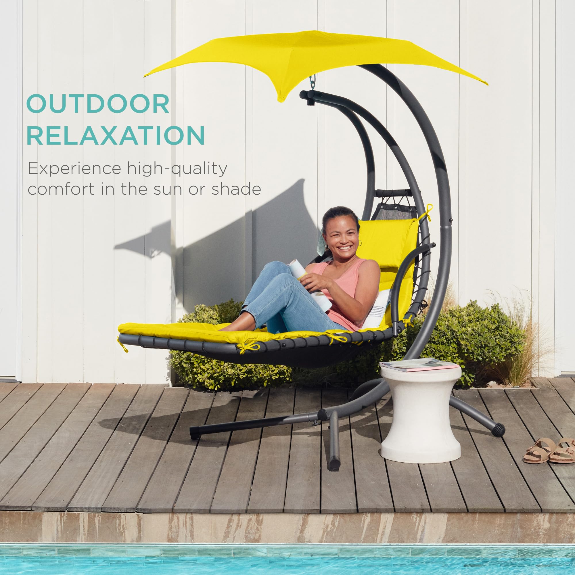 Best Choice Products Outdoor Hanging Curved Steel Chaise Lounge Chair Swing w/Built-in Pillow and Removable Canopy - Navy Blue Gronata
