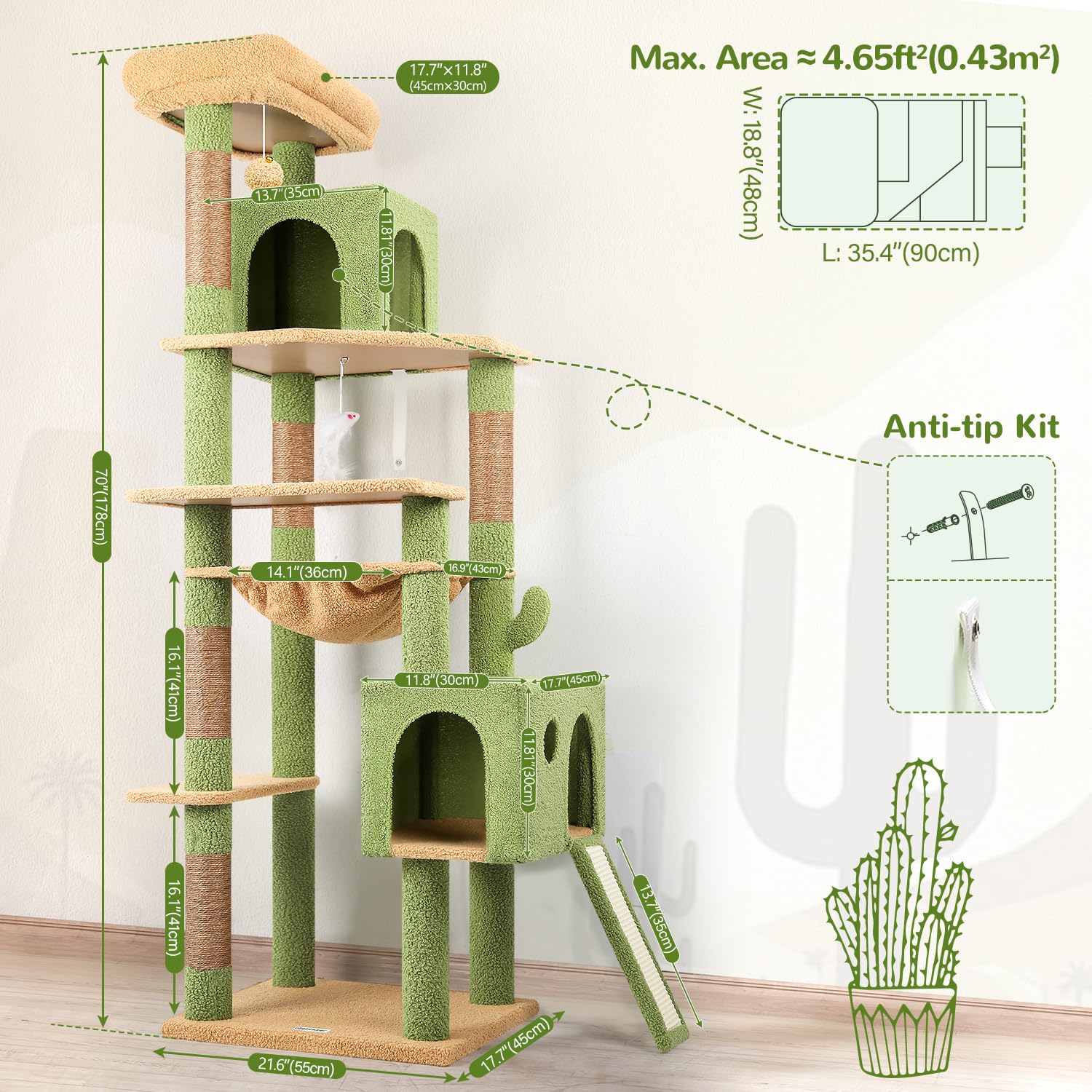 Globlazer Heavy Duty Cat Tree, 70 inch Sturdy Cat Tree for Indoor Cats Extra Large Cat Tower with Scratching Post, Hammock, Cat Condo for Adult Cats Kittens, F70 Pro, Light Grey Gronata