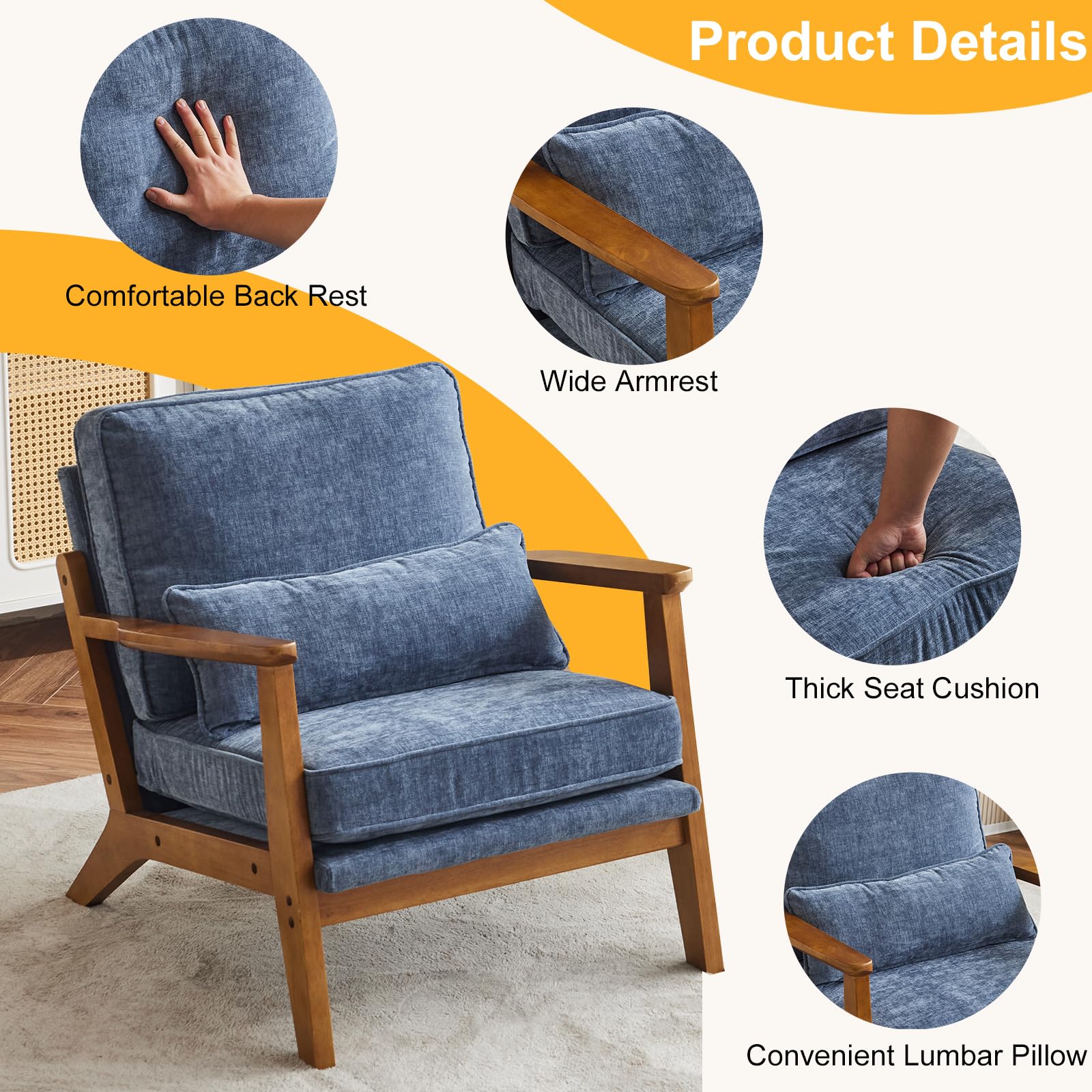 Karl home Accent Chair Wide Armrest Mid-Century Lounge Chair Linen Fabric Armchair with Lumbar Pillow & Solid Wood Frame for Living Room, Bedroom, Balcony, Green Gronata