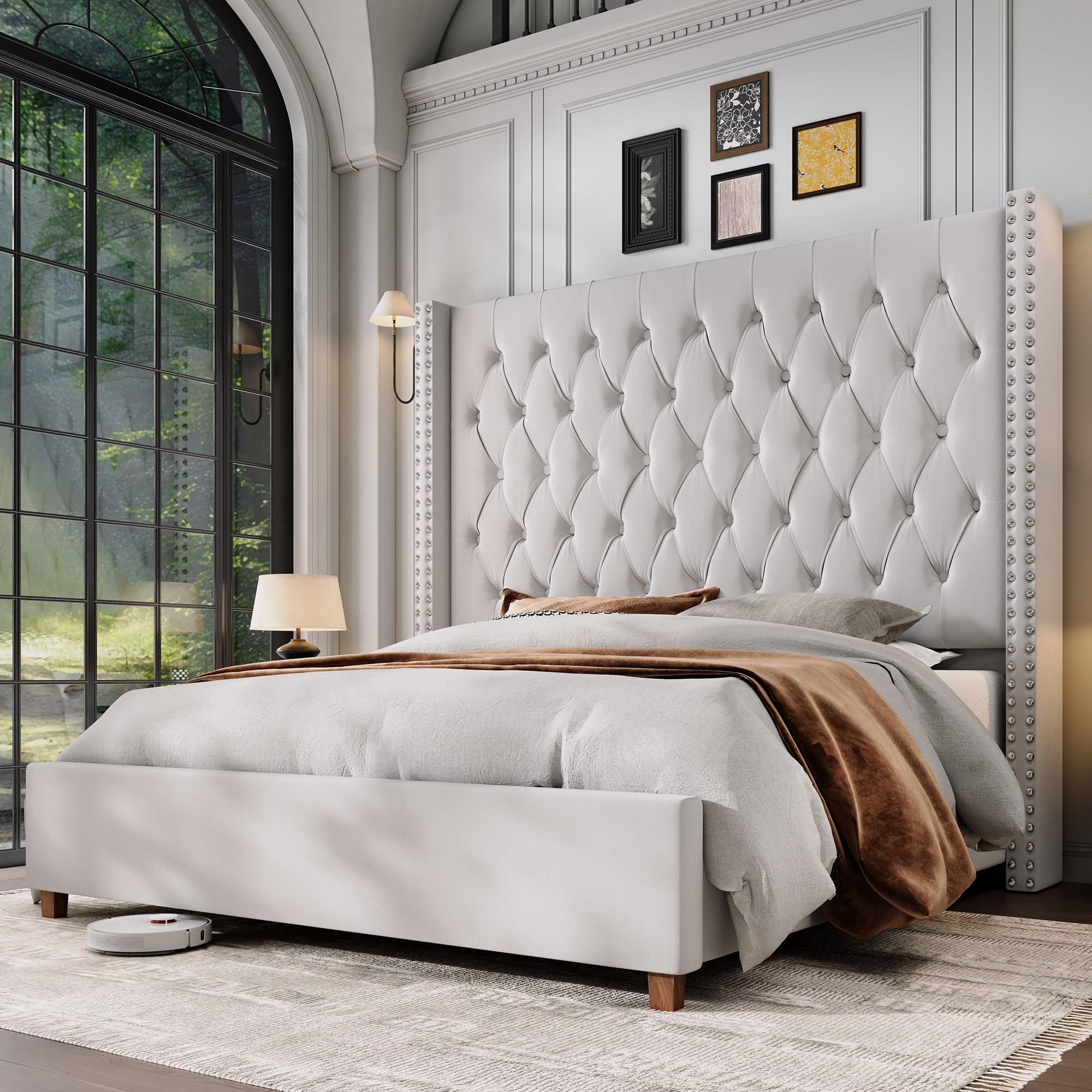 Jocisland Queen Size Bed Frame 61.4" Extra Tall Wingback Headboard Velvet Upholstered Deep Button Tufted Platform Bed with Solid Wood Legs & Wood Slats, No Box Spring Needed, Black Gronata