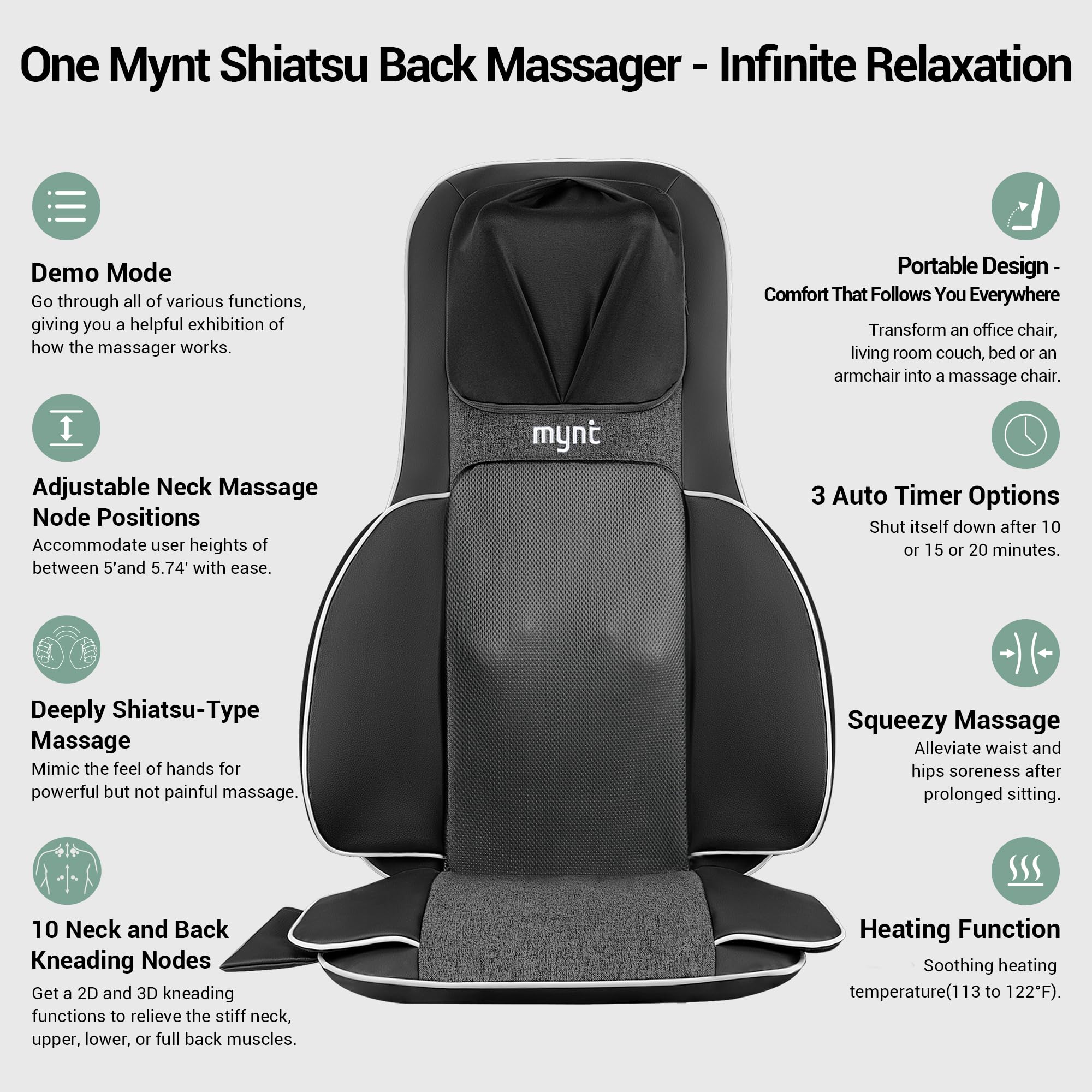 Mynt FSA Eligible HSA Approved Shiatsu Neck and Back Massager for Chair with 10 Deep Kneading Nodes, 2D & 3D Back Massage with Heat, Portable Spot Massage Chair Pad (Black) Gronata