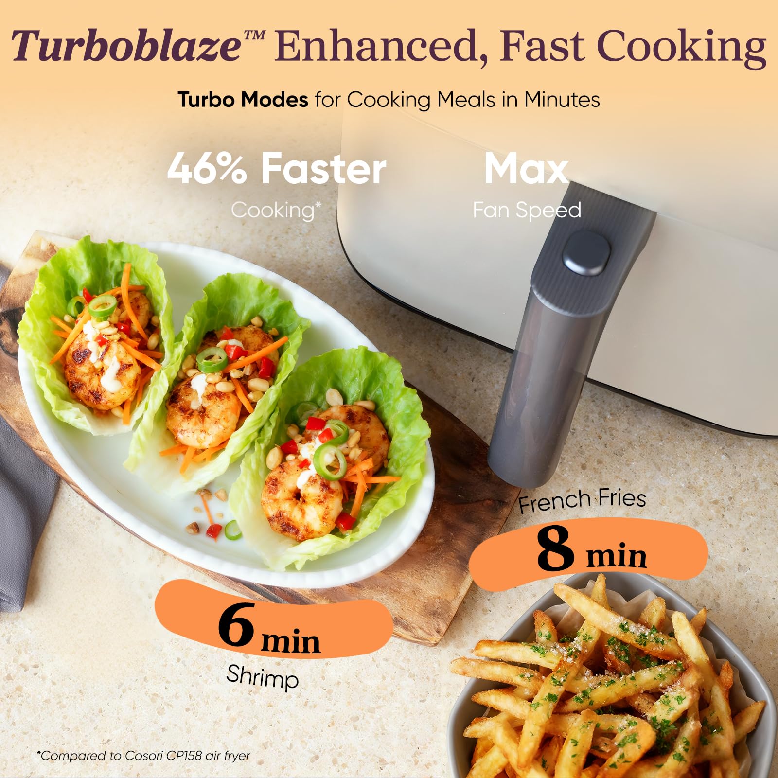 Cosori 9-in-1 TurboBlaze Air Fryer 6 Qt, PFAS-Free Ceramic Coating, 90°–450°F, Precise Heating for Even Results, Air Fry, Roast, Bake, Broil, Dry, Frozen, Proof, Reheat, Keep Warm, 120V, Dark Gray Gronata