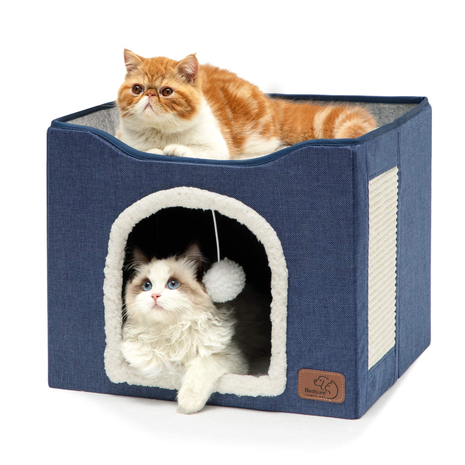 Bedsure Cat Beds for Indoor Cats - Large Cat Cave for Pet Cat House with Fluffy Ball Hanging and Scratch Pad, Foldable Cat Hideaway, 16.5x16.5x13 inches, Grey Gronata