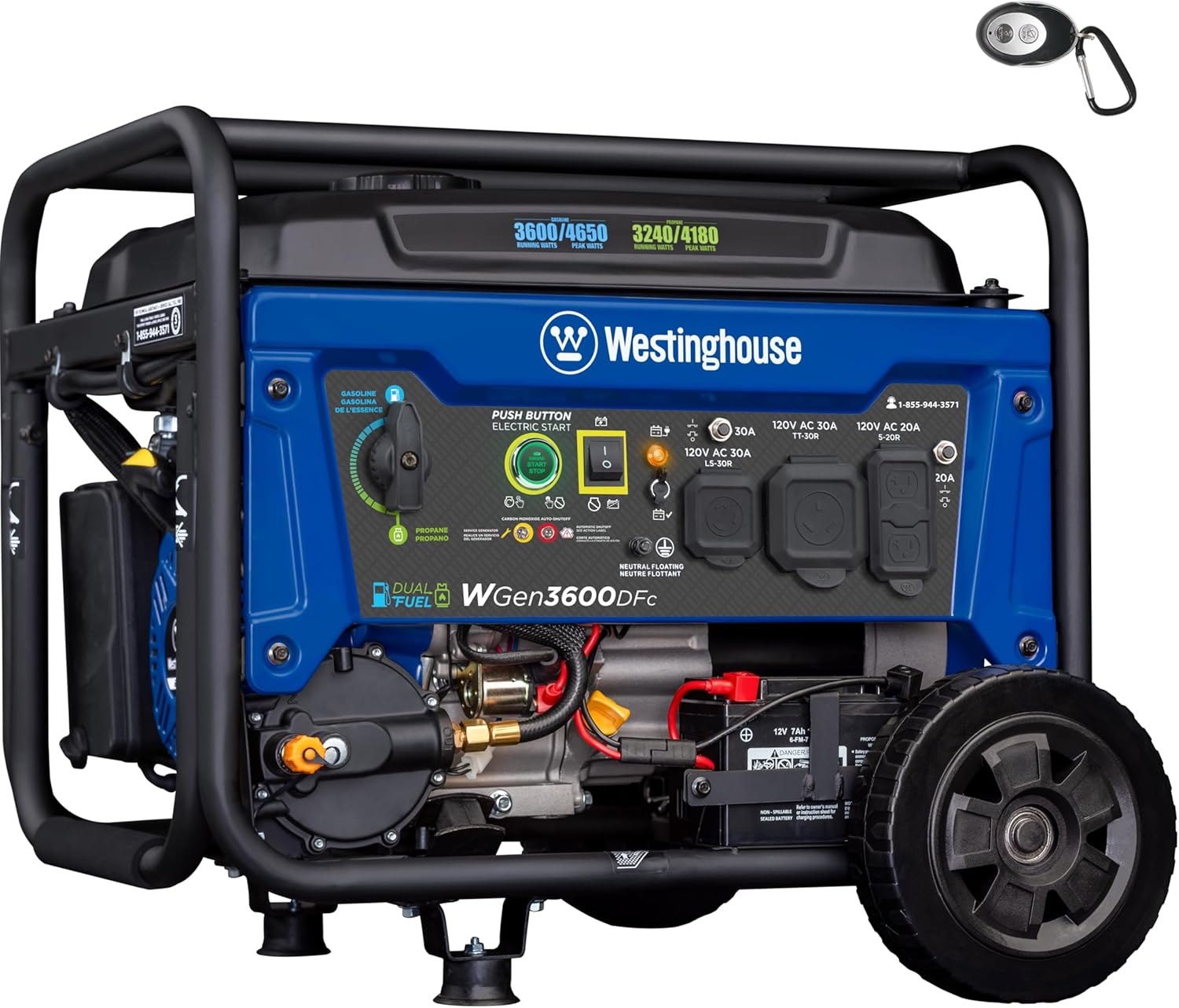 Westinghouse 4650 Peak Watt Dual Fuel Portable Generator, Remote Electric Start with Auto Choke, RV Ready 30A Outlet, Gas & Propane Powered, CO Sensor Gronata
