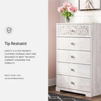 Signature Design by Ashley Shawburn Rustic 5 Drawer Chest of Smooth-Gliding Drawers and Safety Stop, White & Gray Gronata