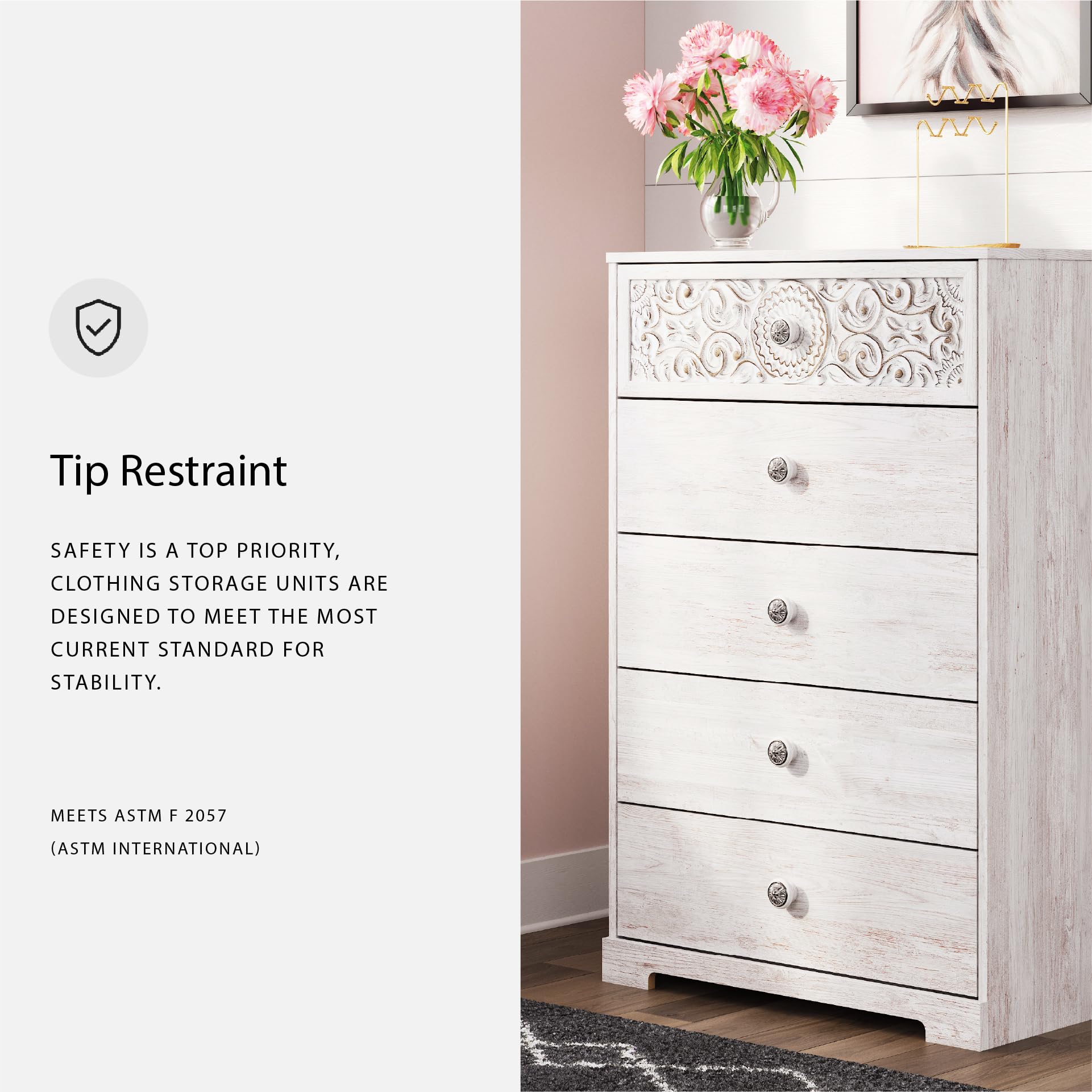 Signature Design by Ashley Shawburn Rustic 5 Drawer Chest of Smooth-Gliding Drawers and Safety Stop, White & Gray Gronata