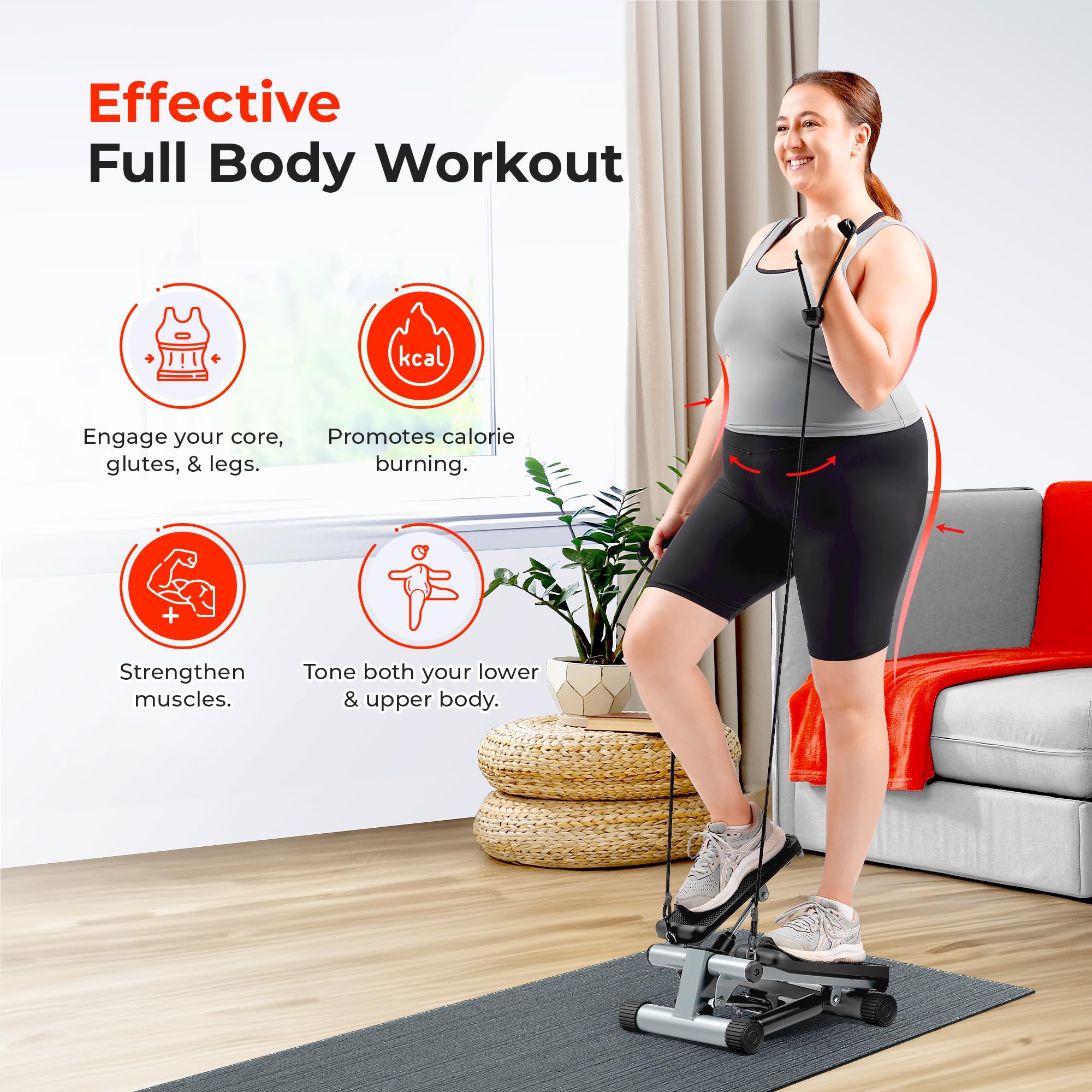 Sunny Health & Fitness Mini Steppers for Exercise at Home, Stair Step Workout Machine with Resistance Bands, Full Body Cardio Equipment with Digital Monitor - No. 012 -S Gronata