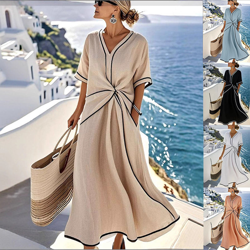 Summer Striped Print Dress Casual Beach Vacation Short-sleeved Maxi Dress Womens Clothing Gronata