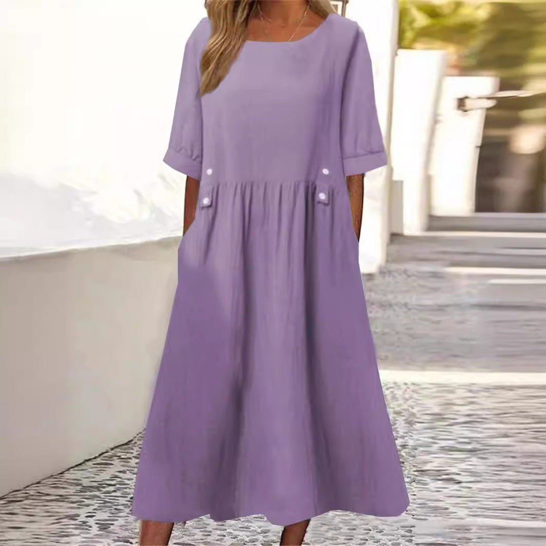 Women's Fashion Casual Cotton Linen Short Sleeve Pocket Dress Gronata