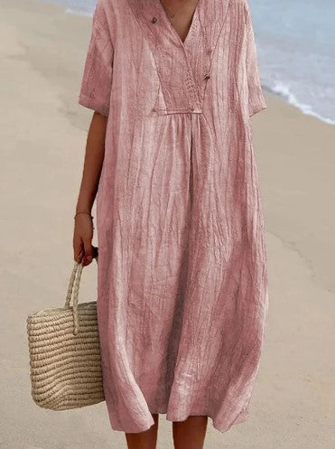 Women's Cotton And Linen Solid Color And V-neck Fashion Style Dress Gronata