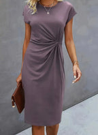 Women's Casual Tight Front Knot Round Neck Mid-length Dress Gronata