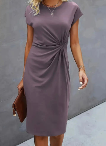 Women's Casual Tight Front Knot Round Neck Mid-length Dress Gronata