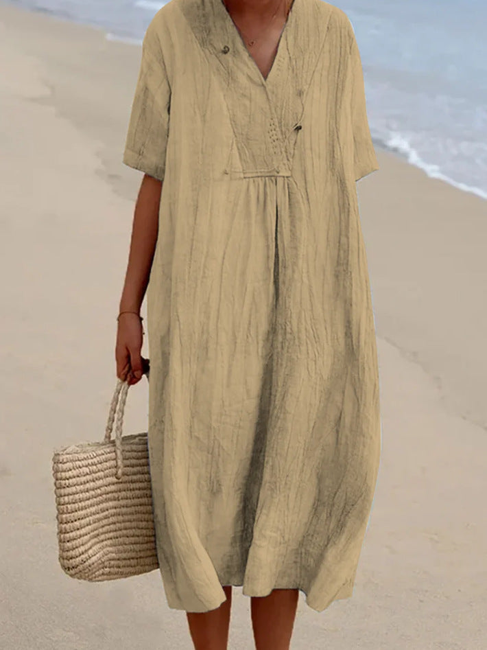 Women's Cotton And Linen Solid Color And V-neck Fashion Style Dress Gronata