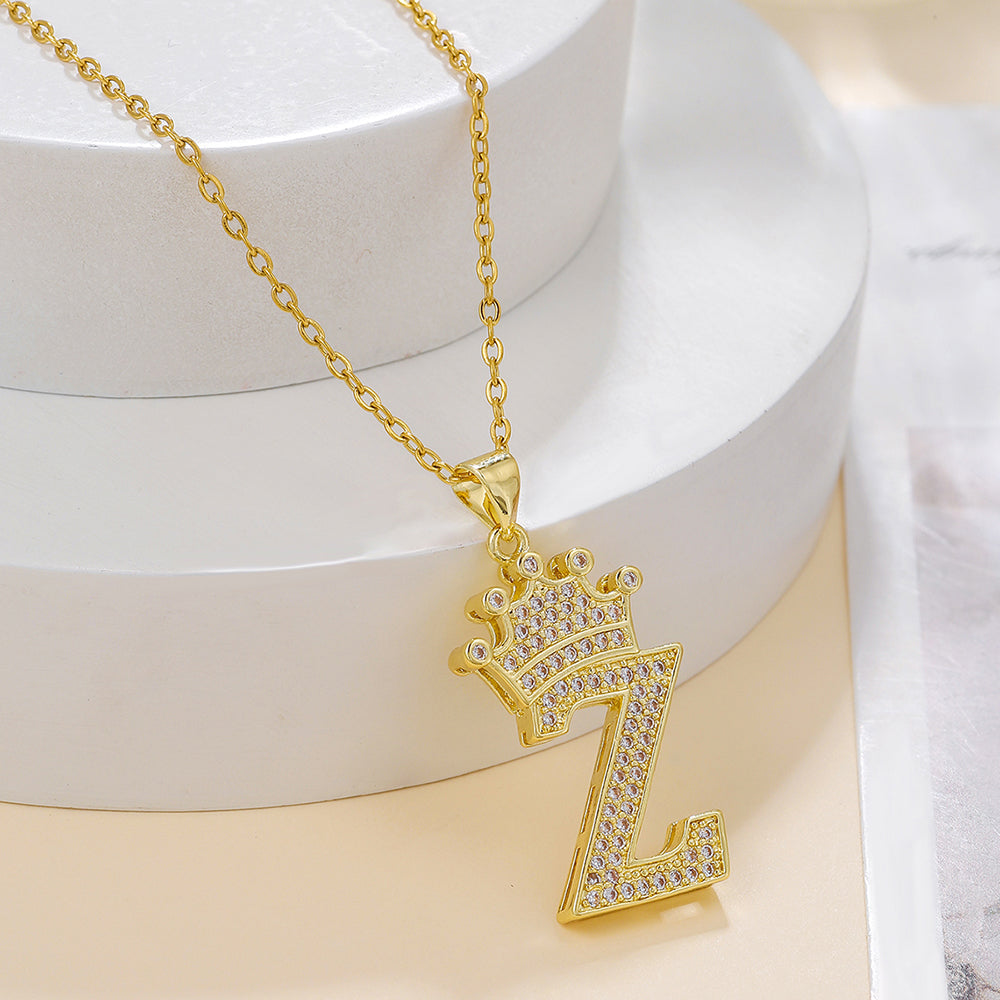 1PCS Fashionable Gold Diamond Crown Uppercase Letter Popular Pendant Necklace Suitable For Daily Use Festivals Parties Gifts Jewelry Set Gronata