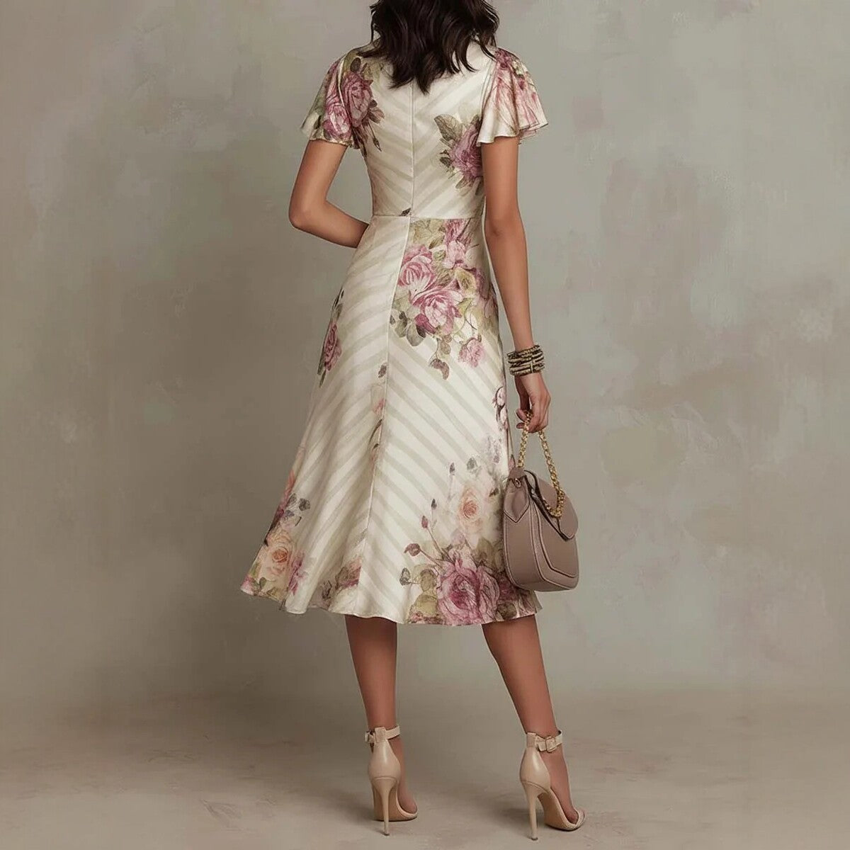 Printed V-neck Defined Waistline Ruffled Hem Dress Gronata