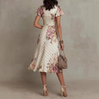 Printed V-neck Defined Waistline Ruffled Hem Dress Gronata