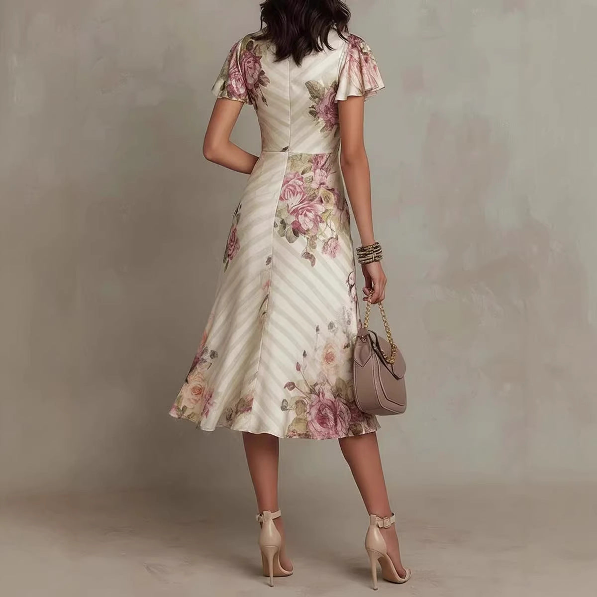 Printed V-neck Defined Waistline Ruffled Hem Dress Gronata