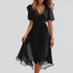 Chiffon Printed Short Sleeve Dress Summer Elegant V-neck Dresses Womens Clothing Gronata