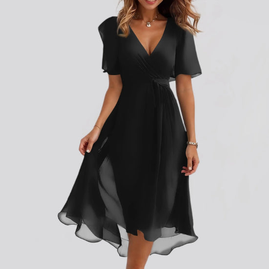 Chiffon Printed Short Sleeve Dress Summer Elegant V-neck Dresses Womens Clothing Gronata