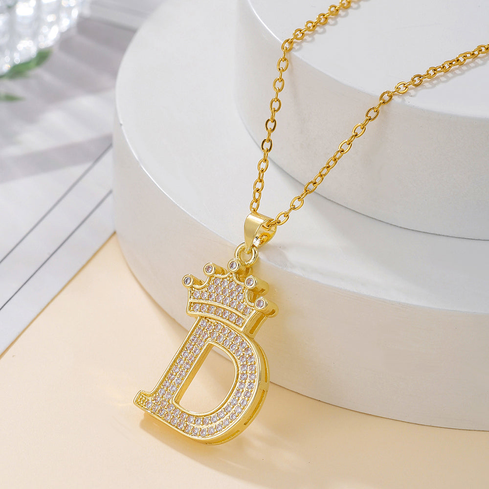 1PCS Fashionable Gold Diamond Crown Uppercase Letter Popular Pendant Necklace Suitable For Daily Use Festivals Parties Gifts Jewelry Set Gronata