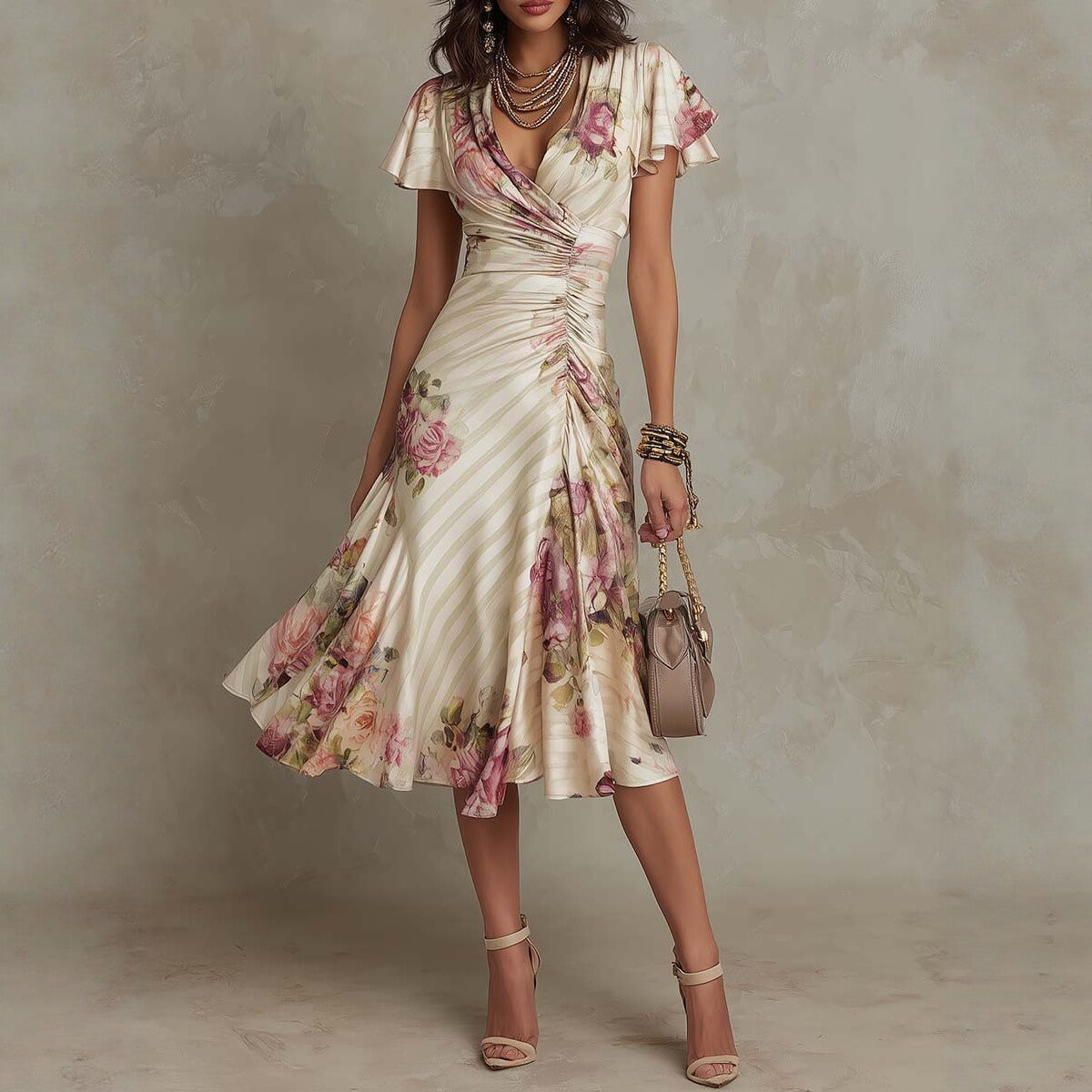 Printed V-neck Defined Waistline Ruffled Hem Dress Gronata