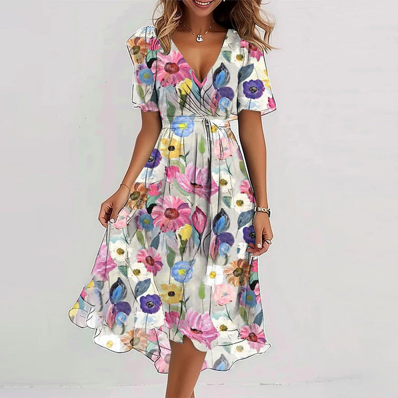 Flowers Printed V-neck Dress Summer A-line Short-sleeved Dresses For Women Gronata