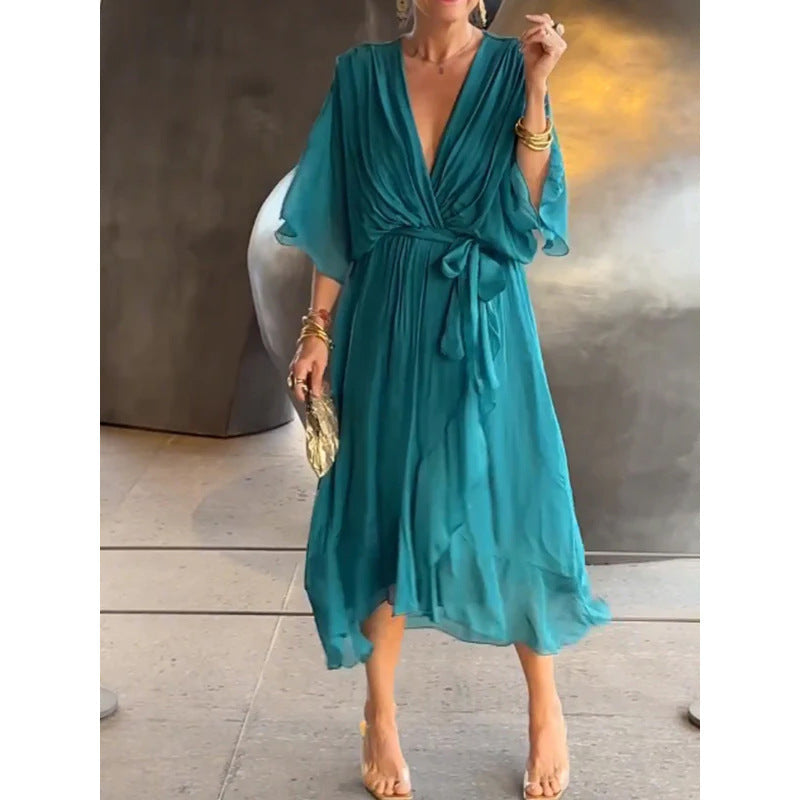 Batwing Sleeve V-neck Dress Summer Pure Color Tied Irregular Long Dresses Womens Clothing Gronata