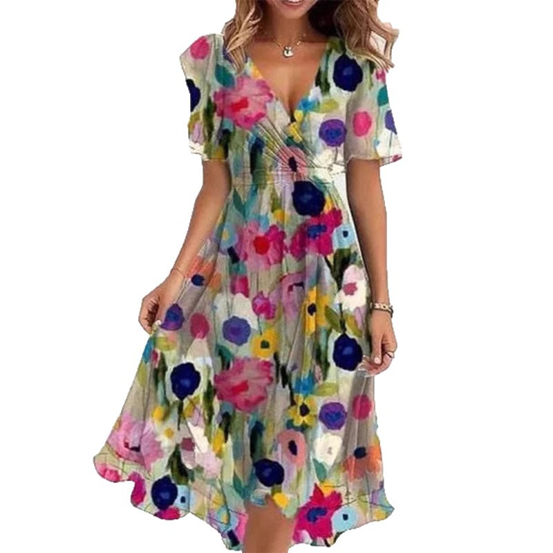 Flowers Printed V-neck Dress Summer A-line Short-sleeved Dresses For Women Gronata