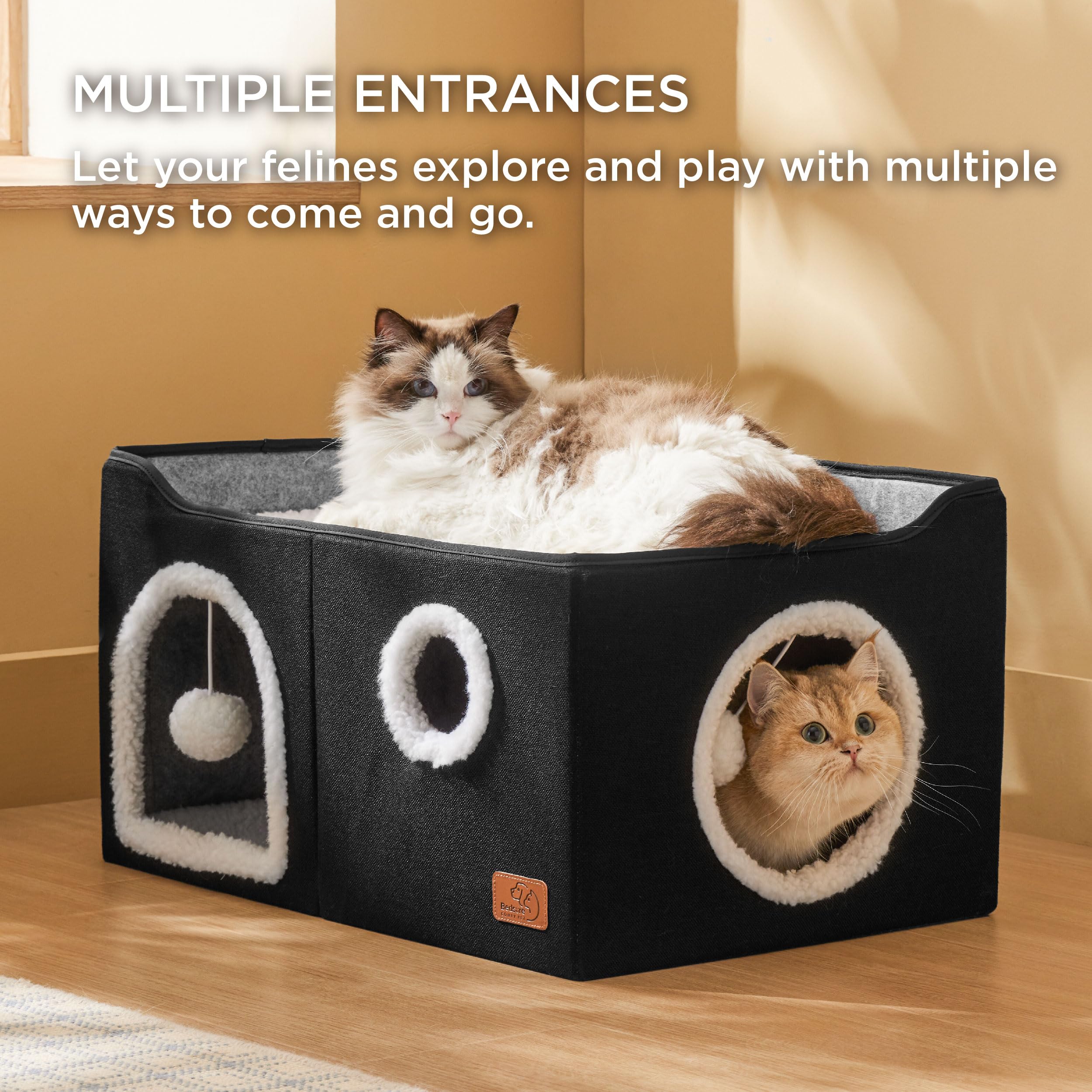 Bedsure Cat Beds for Indoor Cats - Large Cat Cave for Pet Cat House with Fluffy Ball Hanging and Scratch Pad, Foldable Cat Hideaway, 16.5x16.5x13 inches, Grey Gronata
