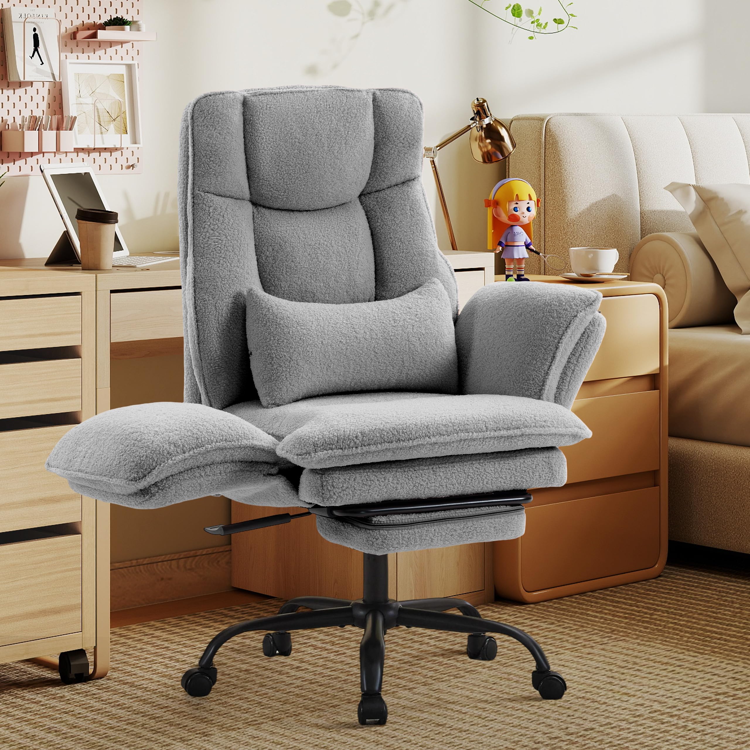 Office Chair,Big and Tall Heavy-Duty Executive Reclining Computer Gaming Chair with Footrest,Flip Armrests,Lumbar Pillow&Thicken Wider Seat for Criss Cross Legged Desk Vanity Chair,Teddy Fabric White Gronata