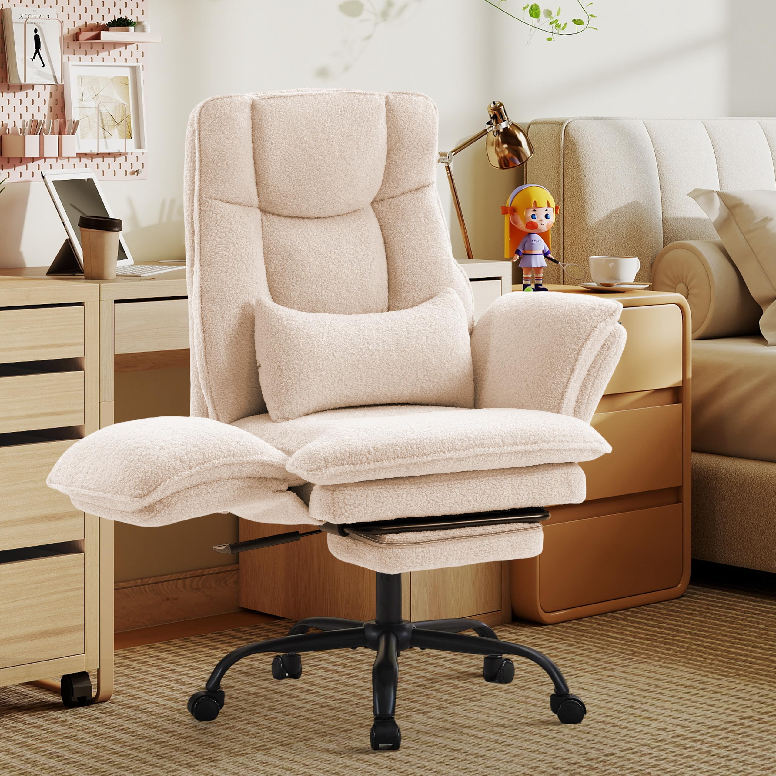 Office Chair,Big and Tall Heavy-Duty Executive Reclining Computer Gaming Chair with Footrest,Flip Armrests,Lumbar Pillow&Thicken Wider Seat for Criss Cross Legged Desk Vanity Chair,Teddy Fabric White Gronata