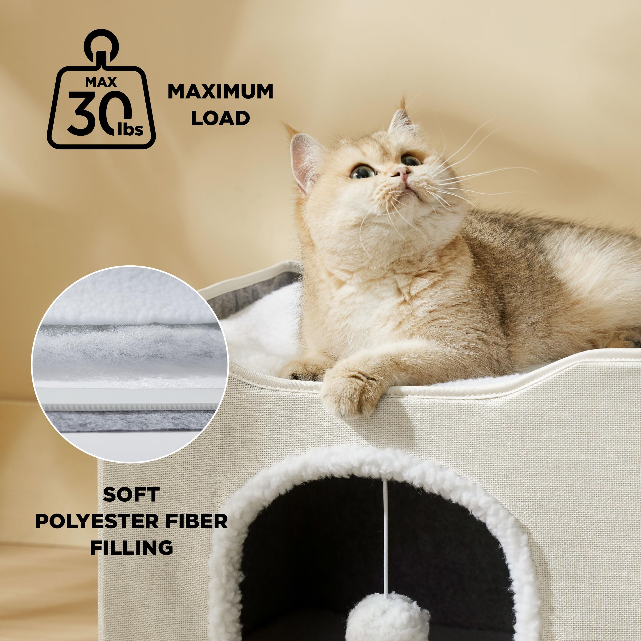 Bedsure Cat Beds for Indoor Cats - Large Cat Cave for Pet Cat House with Fluffy Ball Hanging and Scratch Pad, Foldable Cat Hideaway, 16.5x16.5x13 inches, Grey Gronata