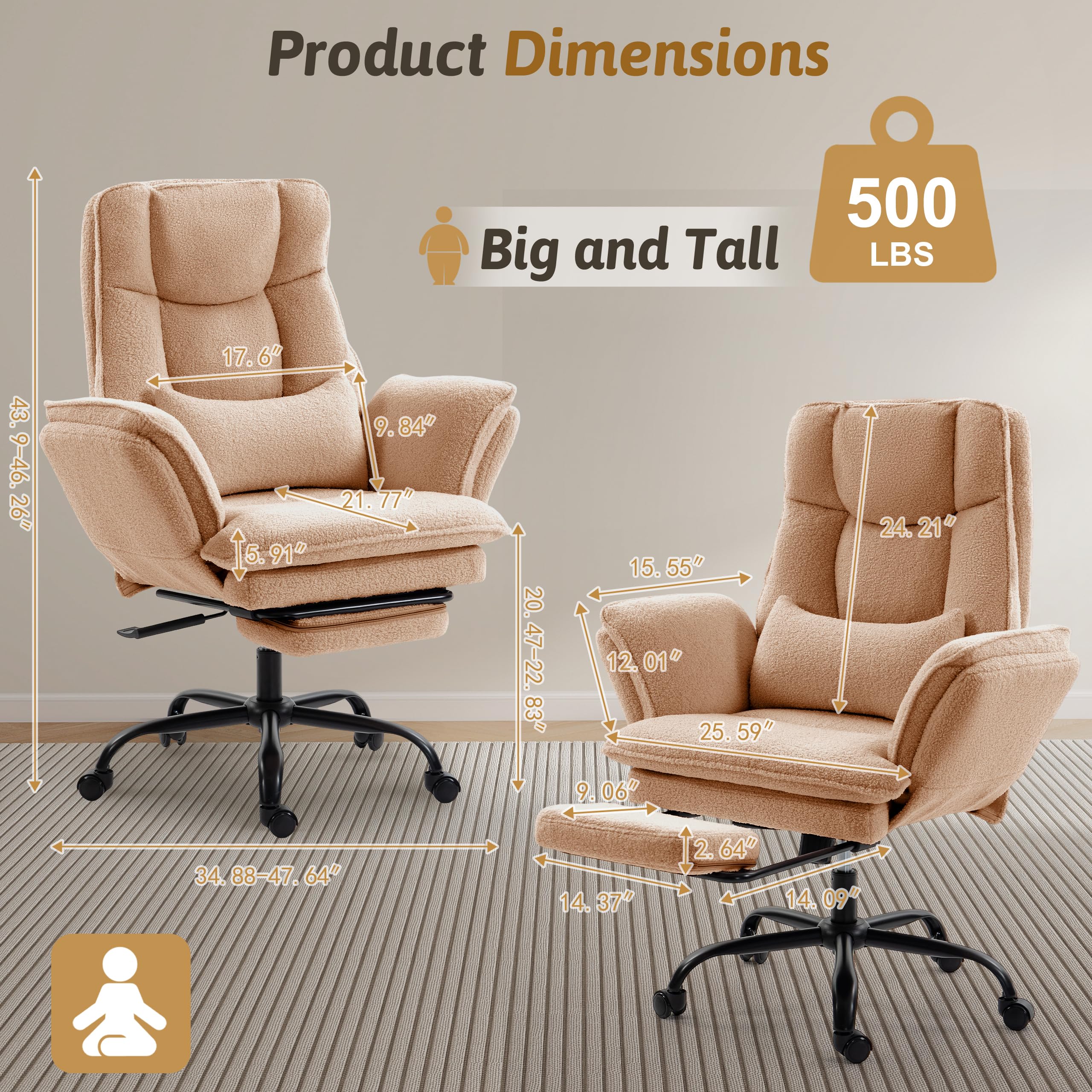 Office Chair,Big and Tall Heavy-Duty Executive Reclining Computer Gaming Chair with Footrest,Flip Armrests,Lumbar Pillow&Thicken Wider Seat for Criss Cross Legged Desk Vanity Chair,Teddy Fabric White Gronata