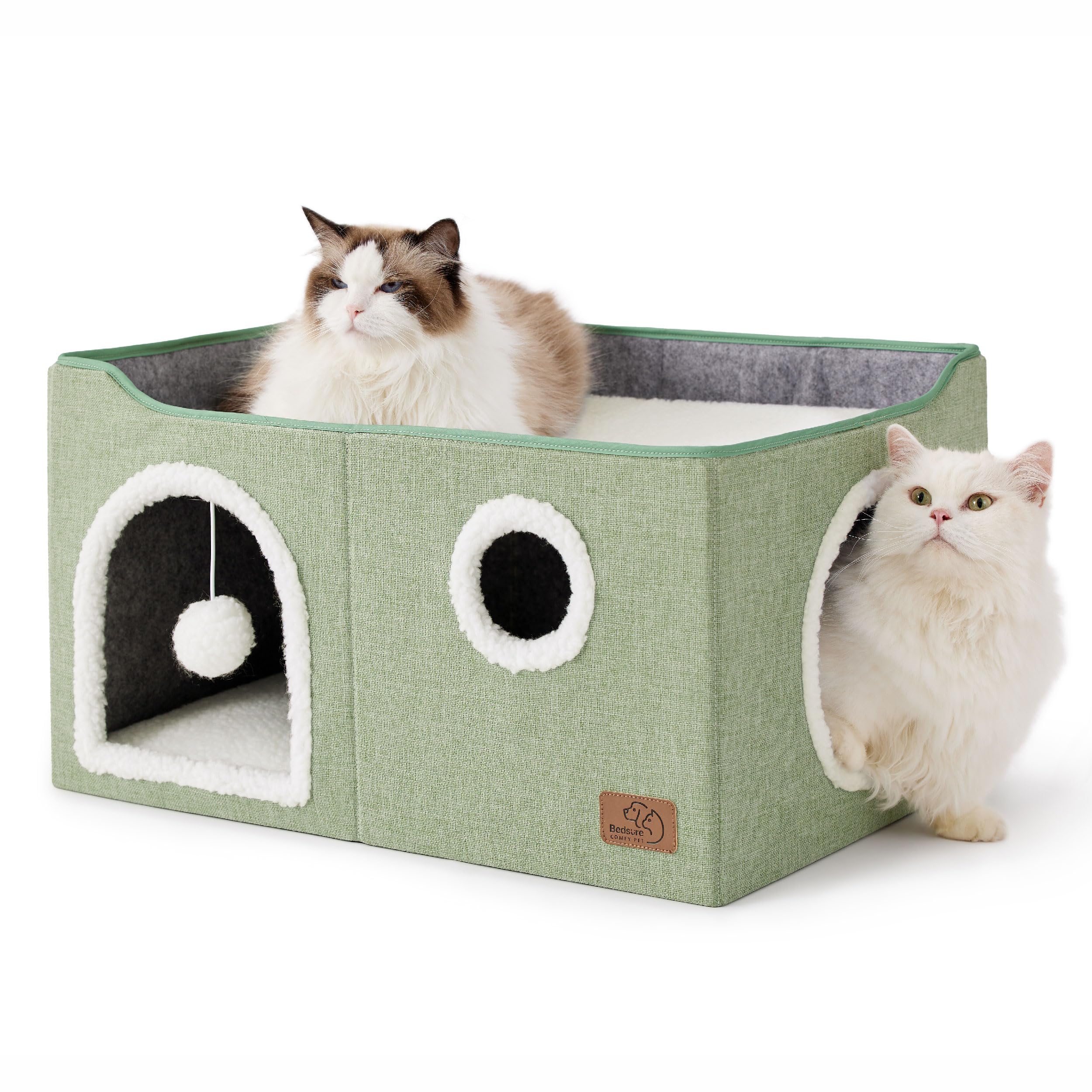 Bedsure Cat Beds for Indoor Cats - Large Cat Cave for Pet Cat House with Fluffy Ball Hanging and Scratch Pad, Foldable Cat Hideaway, 16.5x16.5x13 inches, Grey Gronata