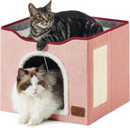 Bedsure Cat Beds for Indoor Cats - Large Cat Cave for Pet Cat House with Fluffy Ball Hanging and Scratch Pad, Foldable Cat Hideaway, 16.5x16.5x13 inches Gronata