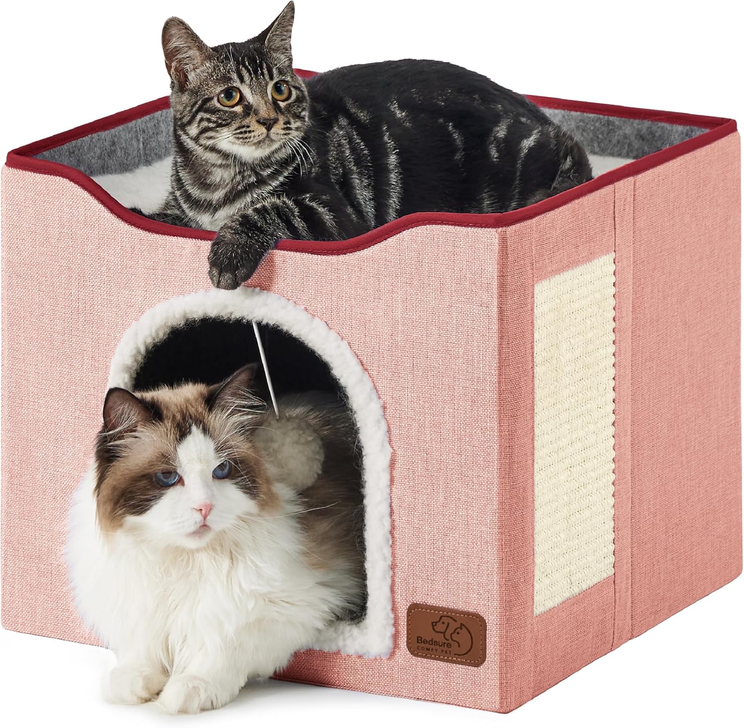 Bedsure Cat Beds for Indoor Cats - Large Cat Cave for Pet Cat House with Fluffy Ball Hanging and Scratch Pad, Foldable Cat Hideaway, 16.5x16.5x13 inches Gronata