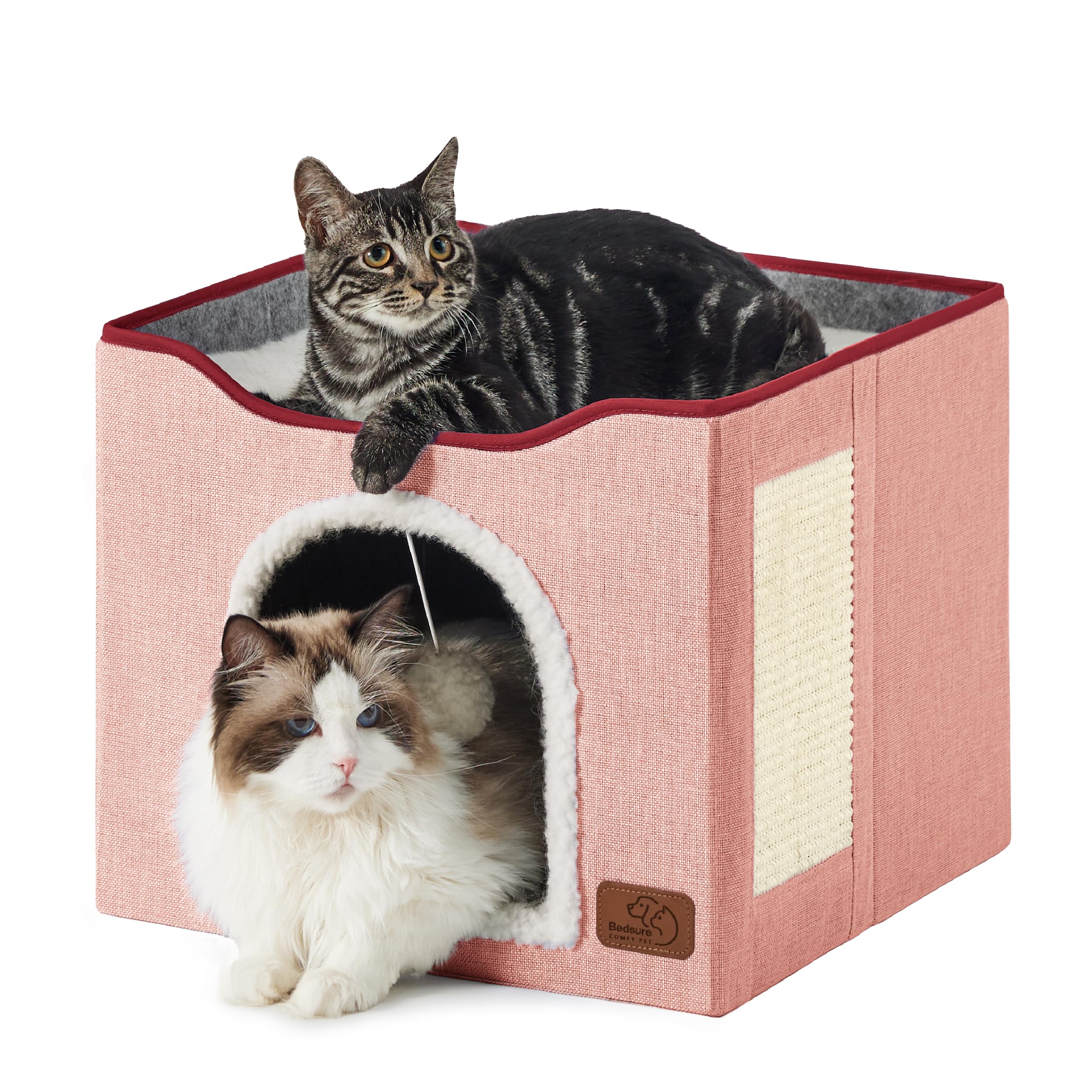 Bedsure Cat Beds for Indoor Cats - Large Cat Cave for Pet Cat House with Fluffy Ball Hanging and Scratch Pad, Foldable Cat Hideaway, 16.5x16.5x13 inches, Grey Gronata
