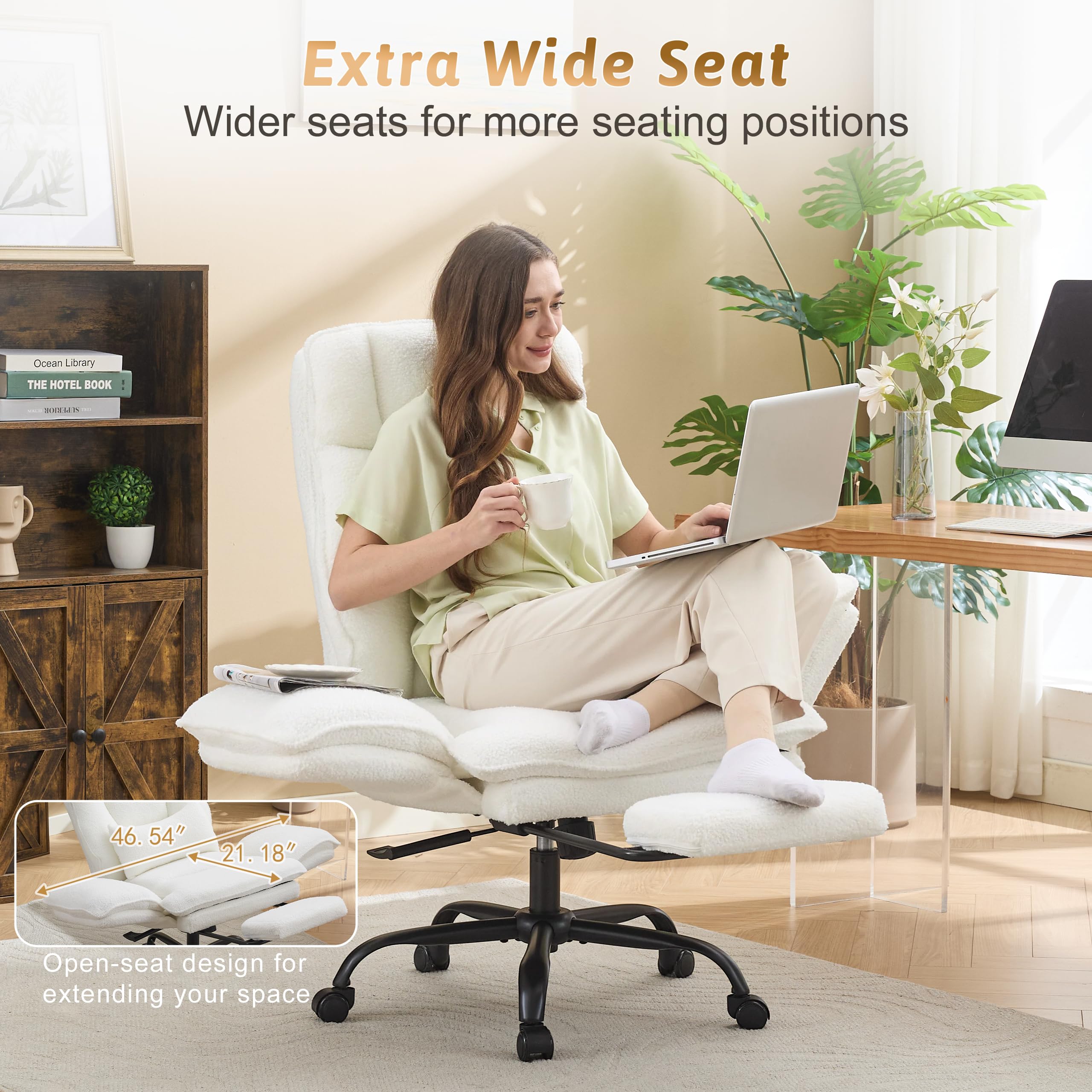 Office Chair,Big and Tall Heavy-Duty Executive Reclining Computer Gaming Chair with Footrest,Flip Armrests,Lumbar Pillow&Thicken Wider Seat for Criss Cross Legged Desk Vanity Chair,Teddy Fabric White Gronata