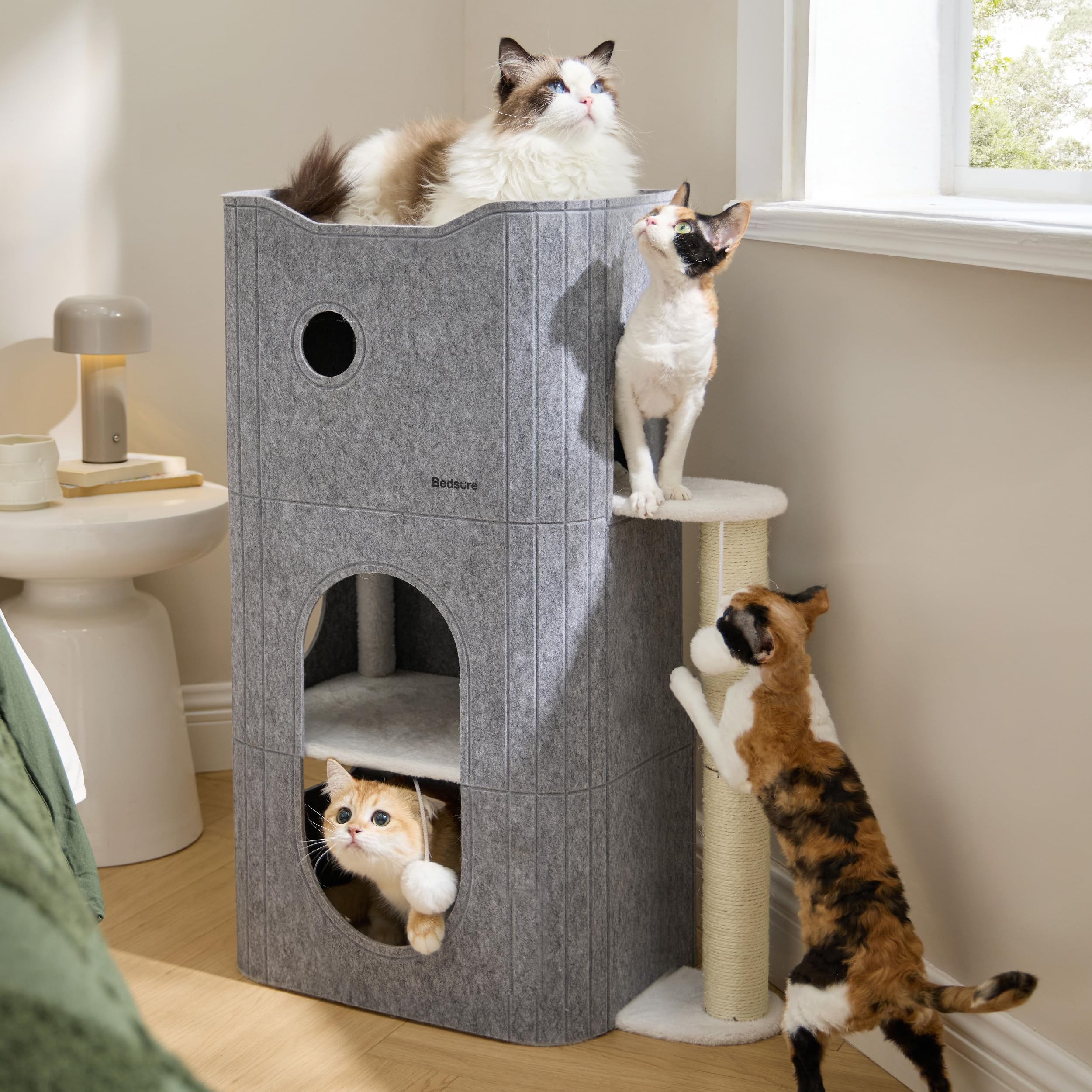 Bedsure Cat Beds for Indoor Cats - Large Cat Cave for Pet Cat House with Fluffy Ball Hanging and Scratch Pad, Foldable Cat Hideaway, 16.5x16.5x13 inches, Grey Gronata