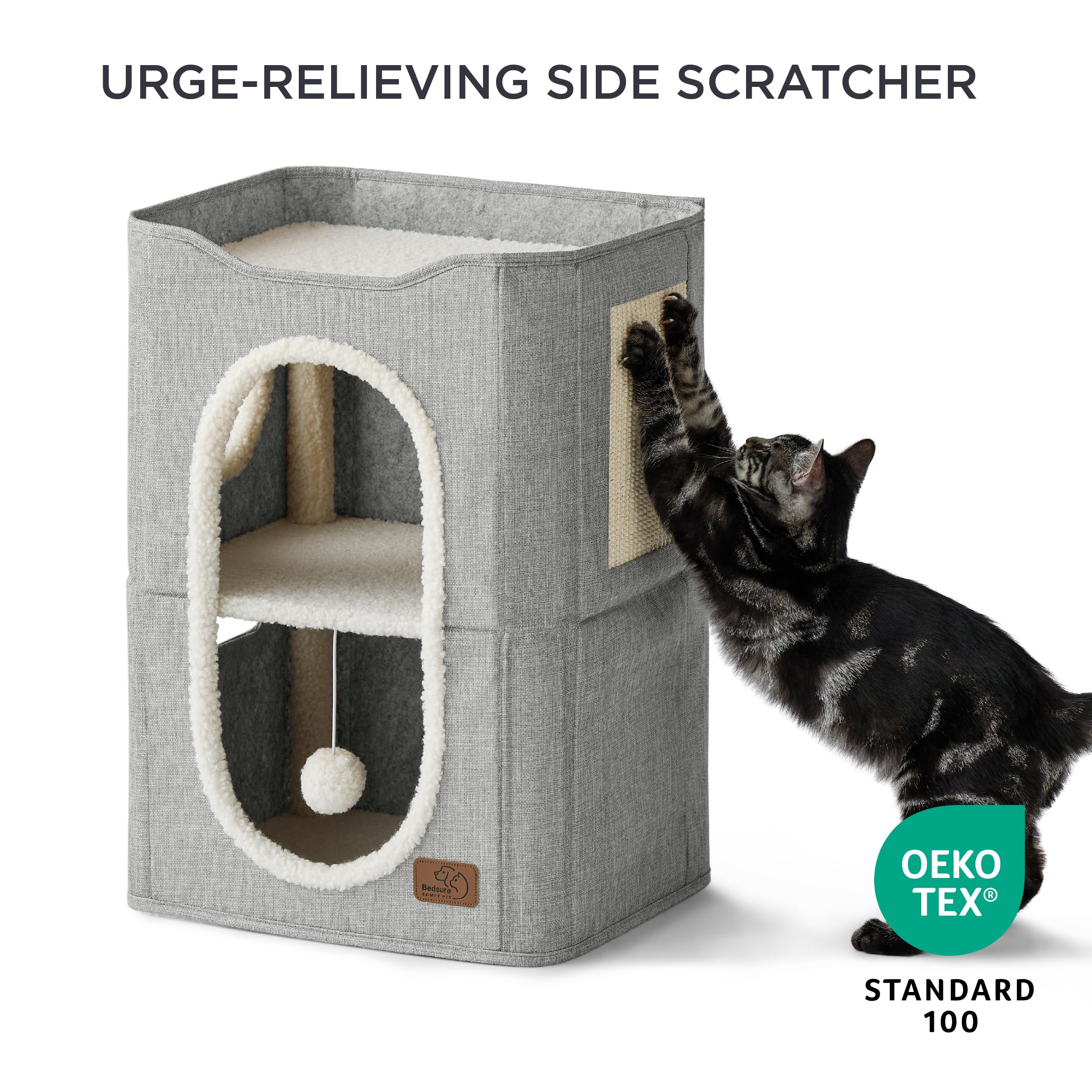 Bedsure Cat Beds for Indoor Cats - Large Cat Cave for Pet Cat House with Fluffy Ball Hanging and Scratch Pad, Foldable Cat Hideaway, 16.5x16.5x13 inches, Grey Gronata