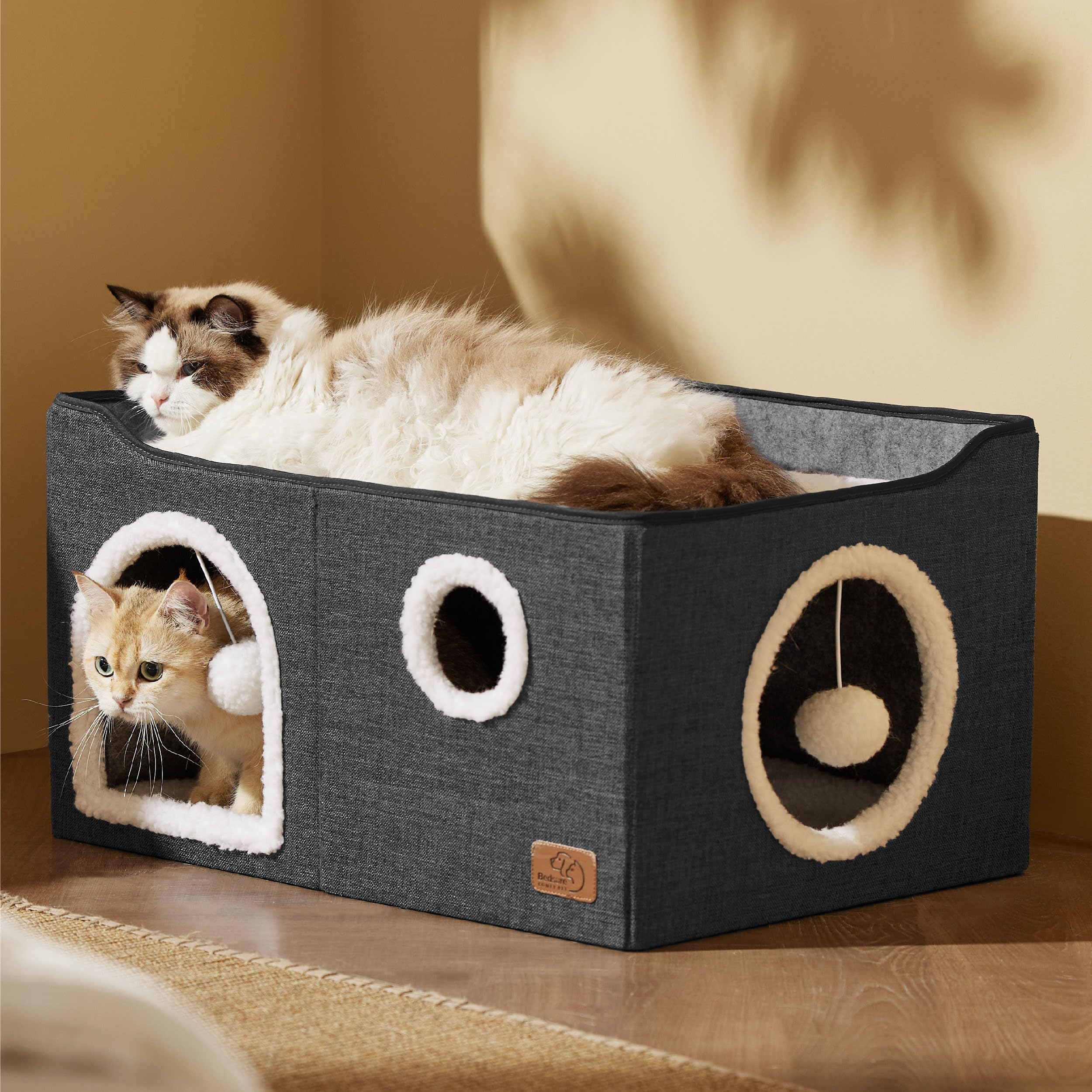 Bedsure Cat Beds for Indoor Cats - Large Cat Cave for Pet Cat House with Fluffy Ball Hanging and Scratch Pad, Foldable Cat Hideaway, 16.5x16.5x13 inches, Grey Gronata