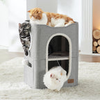 Bedsure Cat Beds for Indoor Cats - Large Cat Cave for Pet Cat House with Fluffy Ball Hanging and Scratch Pad, Foldable Cat Hideaway, 16.5x16.5x13 inches, Grey Gronata