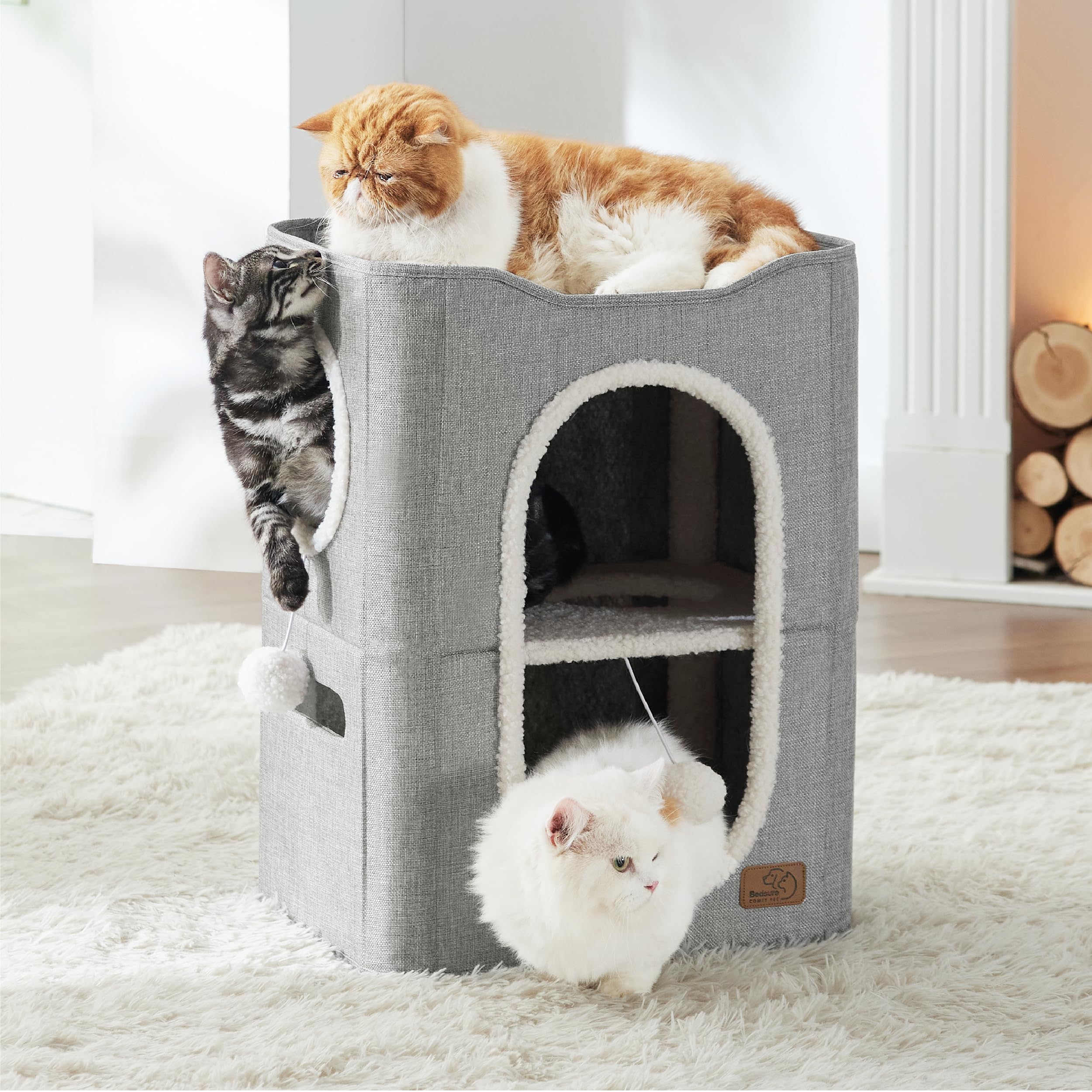 Bedsure Cat Beds for Indoor Cats - Large Cat Cave for Pet Cat House with Fluffy Ball Hanging and Scratch Pad, Foldable Cat Hideaway, 16.5x16.5x13 inches, Grey Gronata
