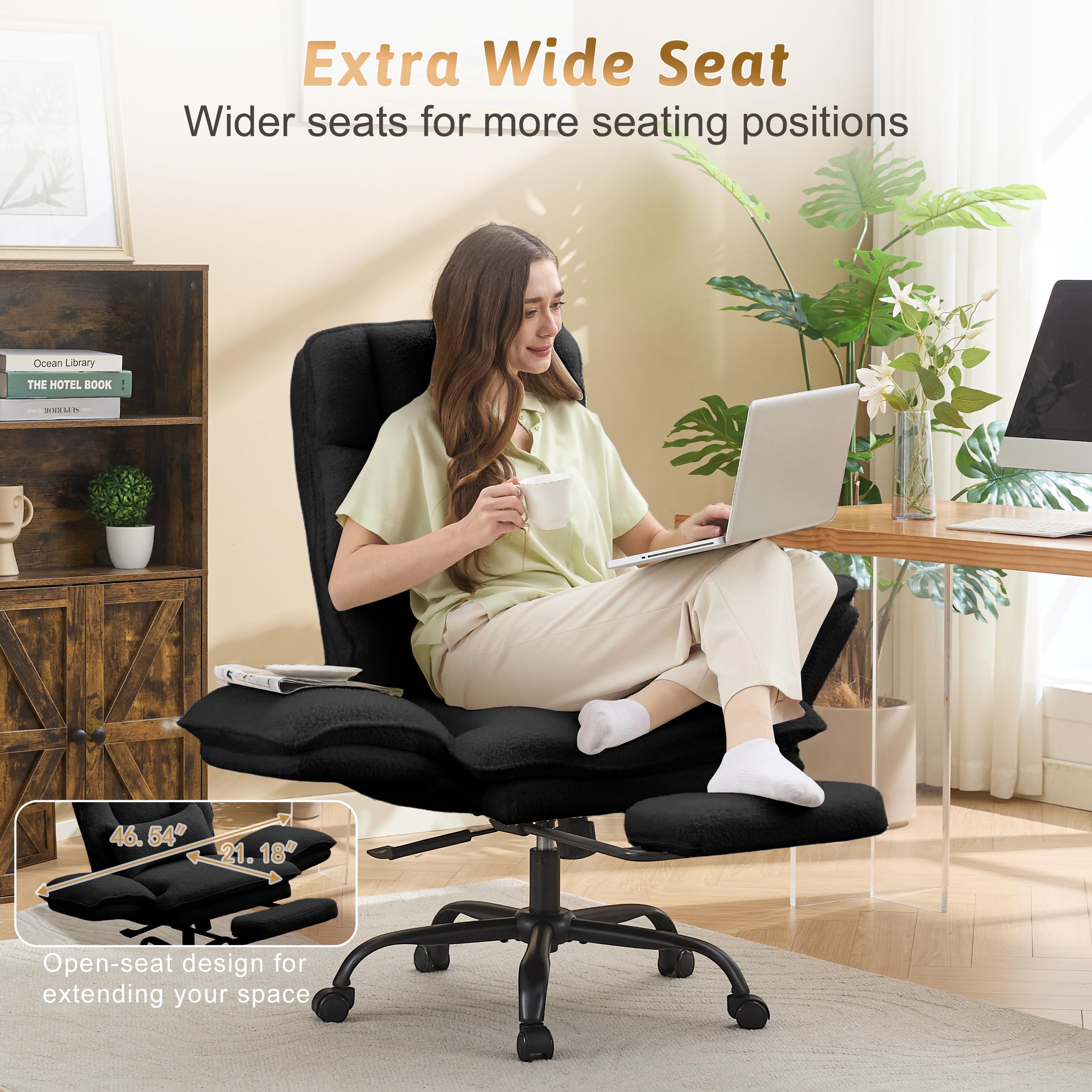 Office Chair,Big and Tall Heavy-Duty Executive Reclining Computer Gaming Chair with Footrest,Flip Armrests,Lumbar Pillow&Thicken Wider Seat for Criss Cross Legged Desk Vanity Chair,Teddy Fabric White Gronata