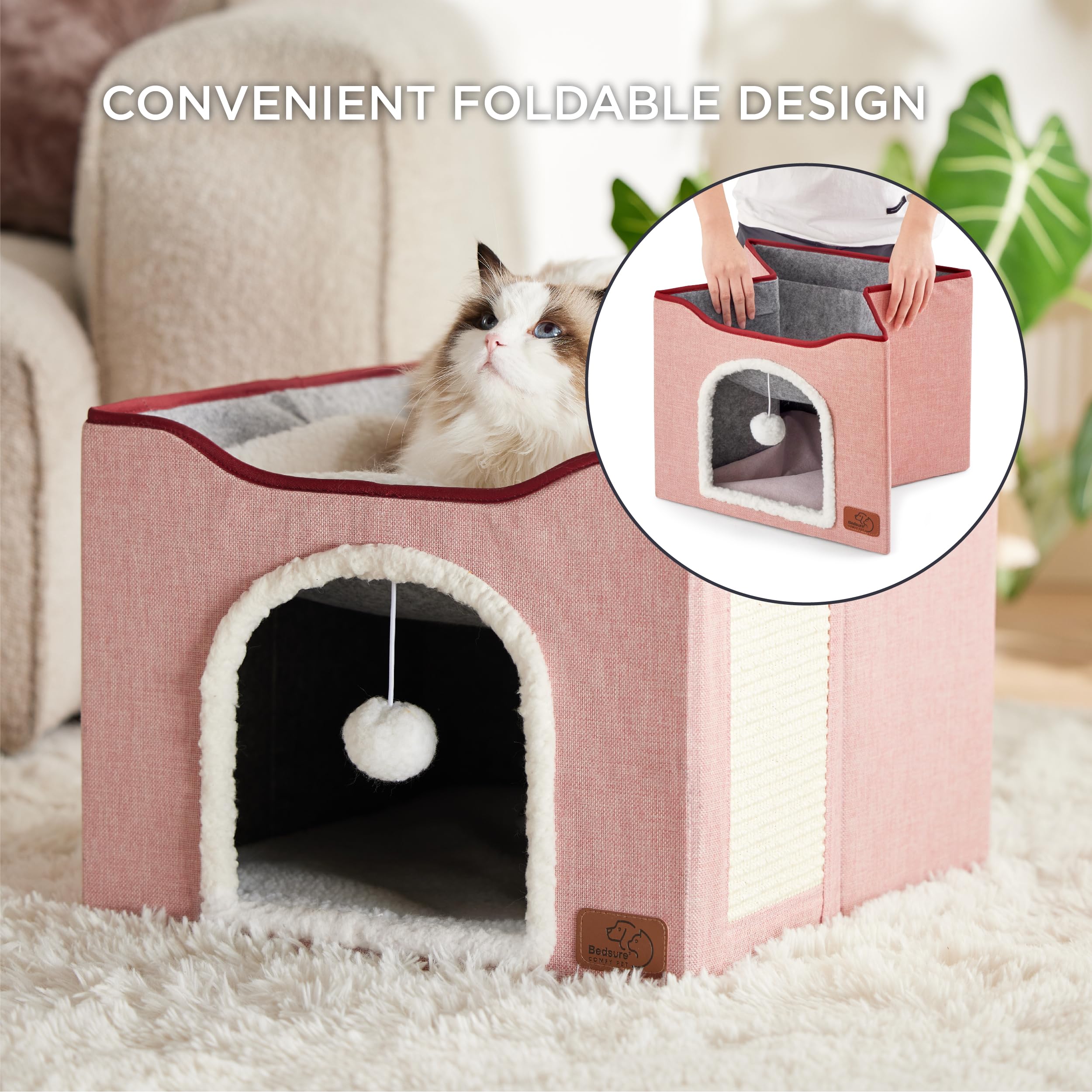 Bedsure Cat Beds for Indoor Cats - Large Cat Cave for Pet Cat House with Fluffy Ball Hanging and Scratch Pad, Foldable Cat Hideaway, 16.5x16.5x13 inches, Grey Gronata