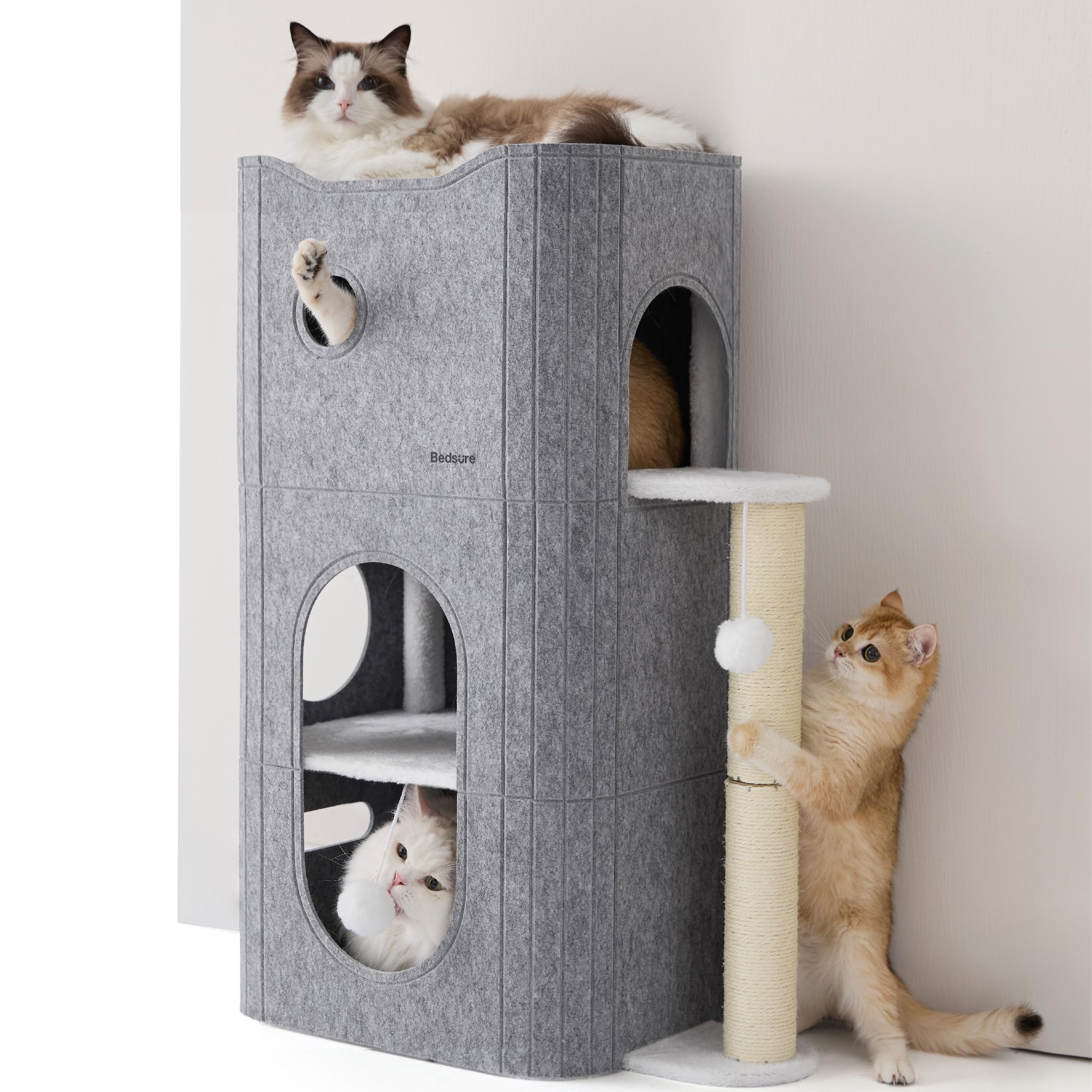 Bedsure Cat Beds for Indoor Cats - Large Cat Cave for Pet Cat House with Fluffy Ball Hanging and Scratch Pad, Foldable Cat Hideaway, 16.5x16.5x13 inches, Grey Gronata