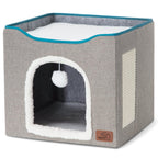 Bedsure Cat Beds for Indoor Cats - Large Cat Cave for Pet Cat House with Fluffy Ball Hanging and Scratch Pad, Foldable Cat Hideaway, 16.5x16.5x13 inches, Grey Gronata