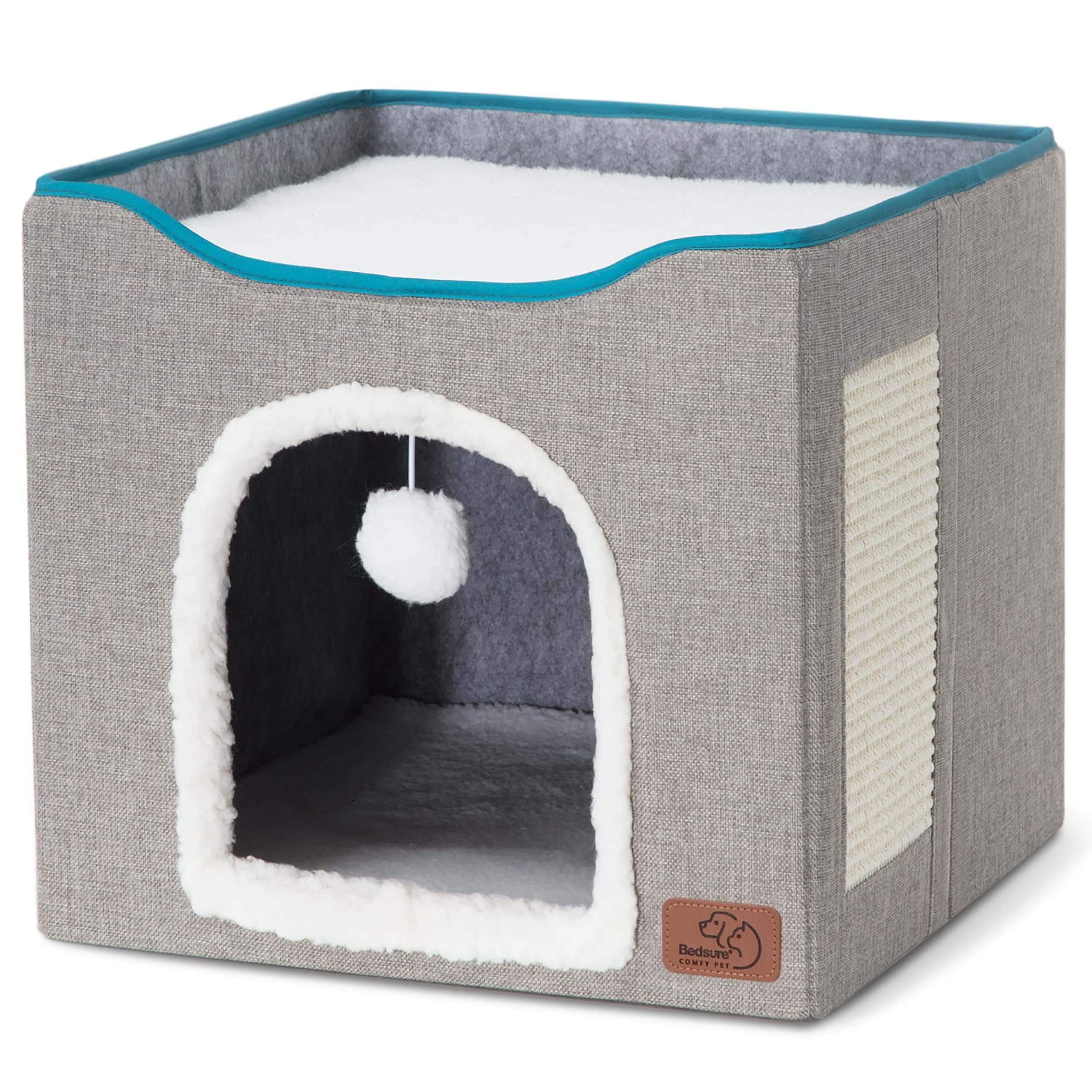 Bedsure Cat Beds for Indoor Cats - Large Cat Cave for Pet Cat House with Fluffy Ball Hanging and Scratch Pad, Foldable Cat Hideaway, 16.5x16.5x13 inches, Grey Gronata
