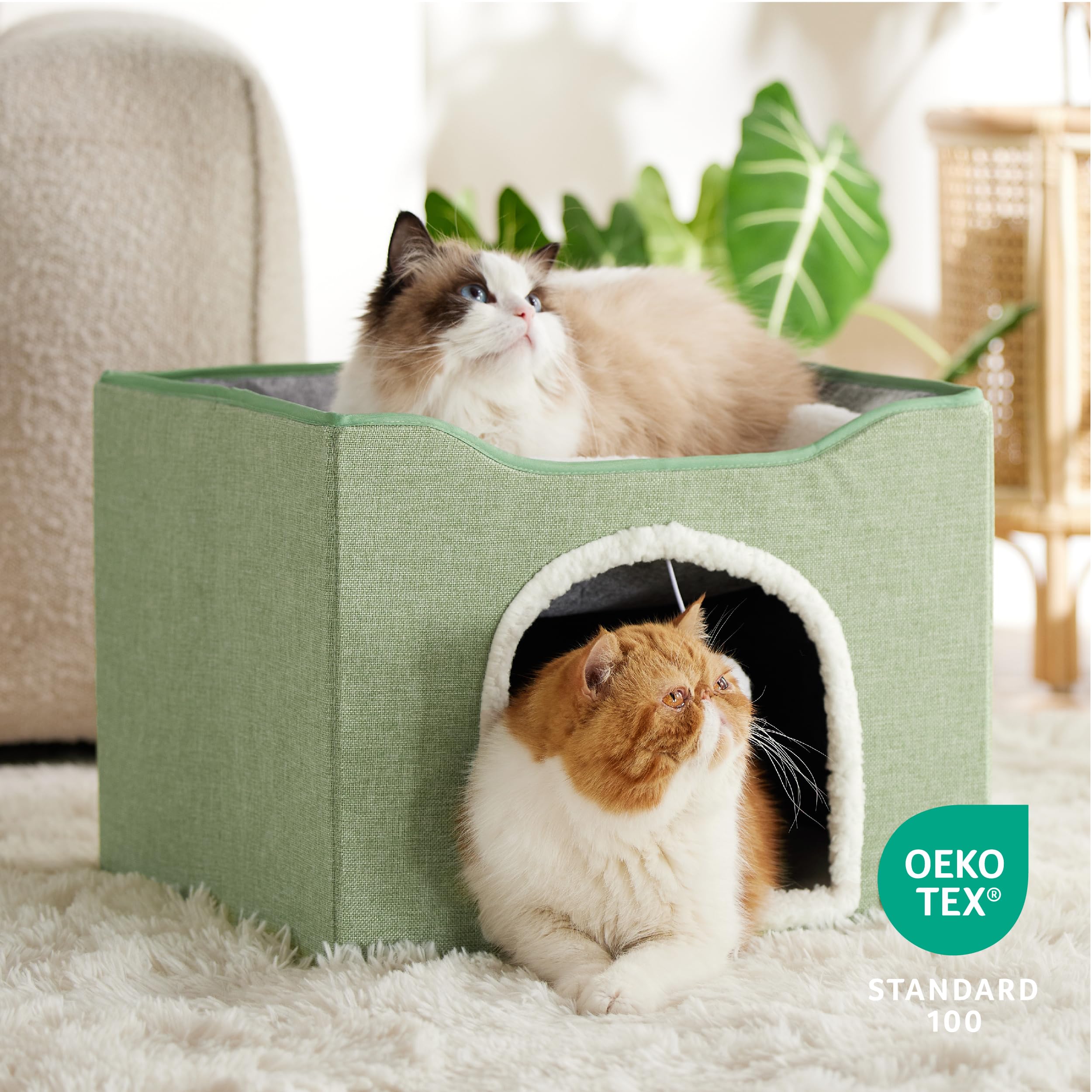 Bedsure Cat Beds for Indoor Cats - Large Cat Cave for Pet Cat House with Fluffy Ball Hanging and Scratch Pad, Foldable Cat Hideaway, 16.5x16.5x13 inches, Grey Gronata
