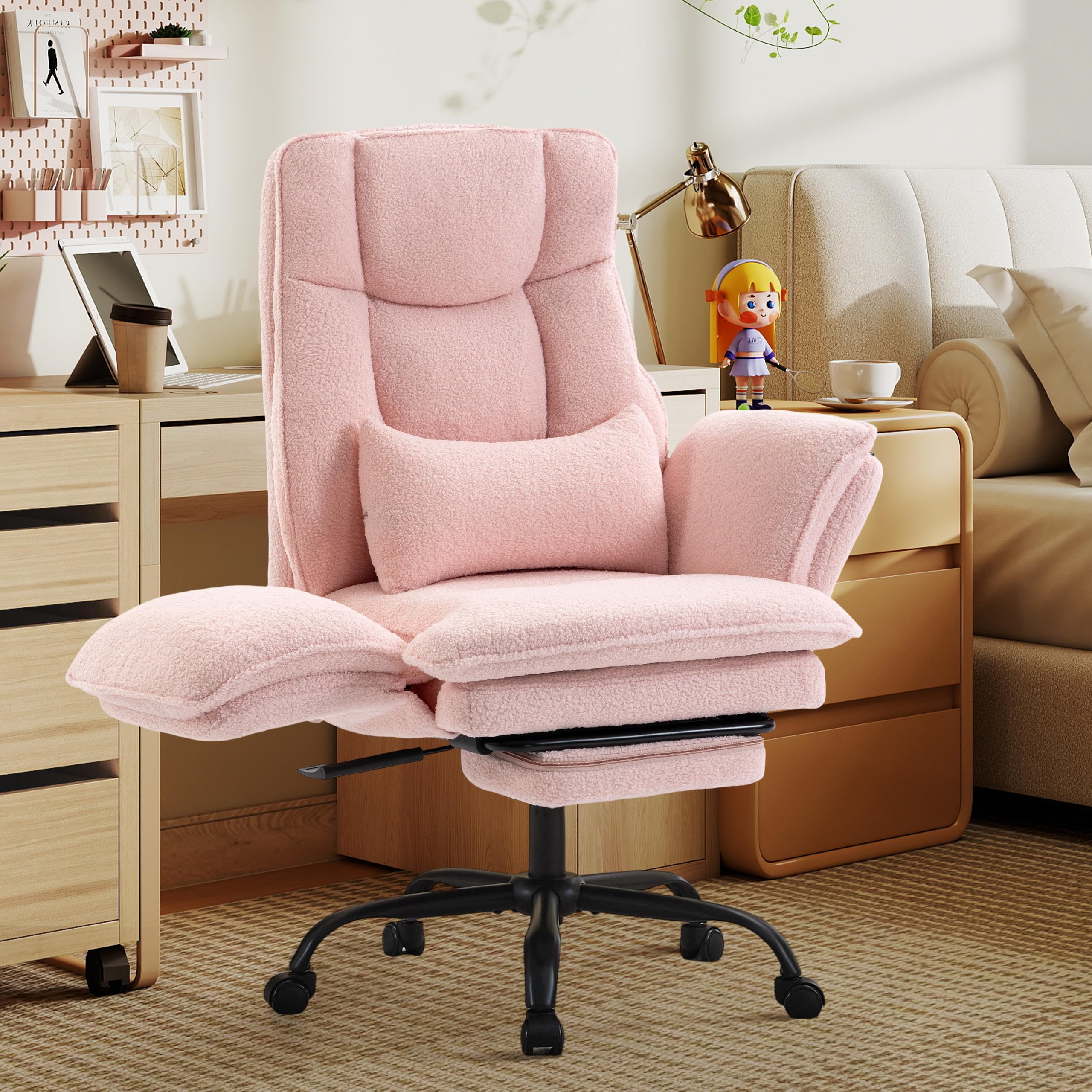 Office Chair,Big and Tall Heavy-Duty Executive Reclining Computer Gaming Chair with Footrest,Flip Armrests,Lumbar Pillow&Thicken Wider Seat for Criss Cross Legged Desk Vanity Chair,Teddy Fabric White Gronata